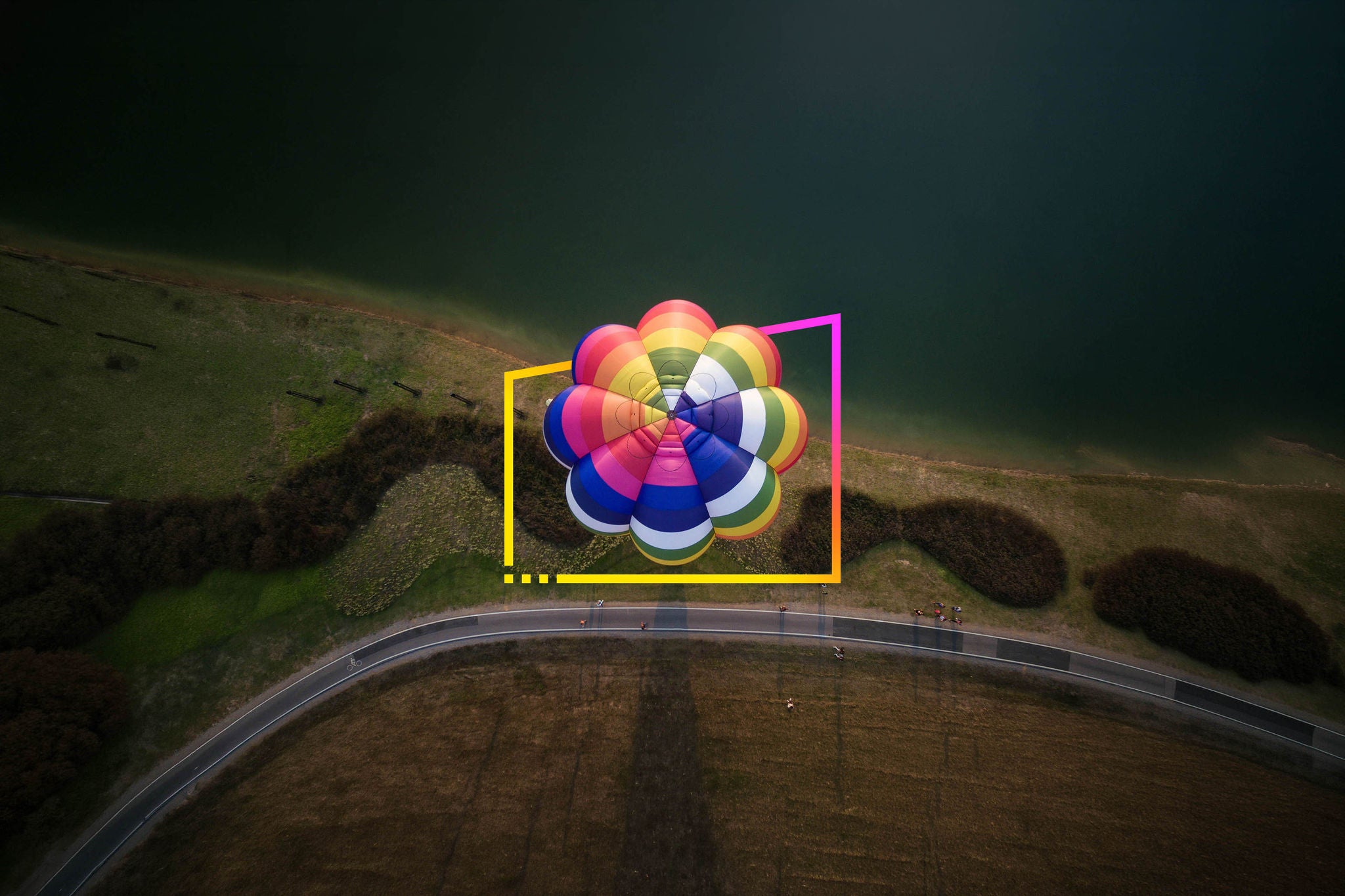Aerial view of colourful hot air balloon
