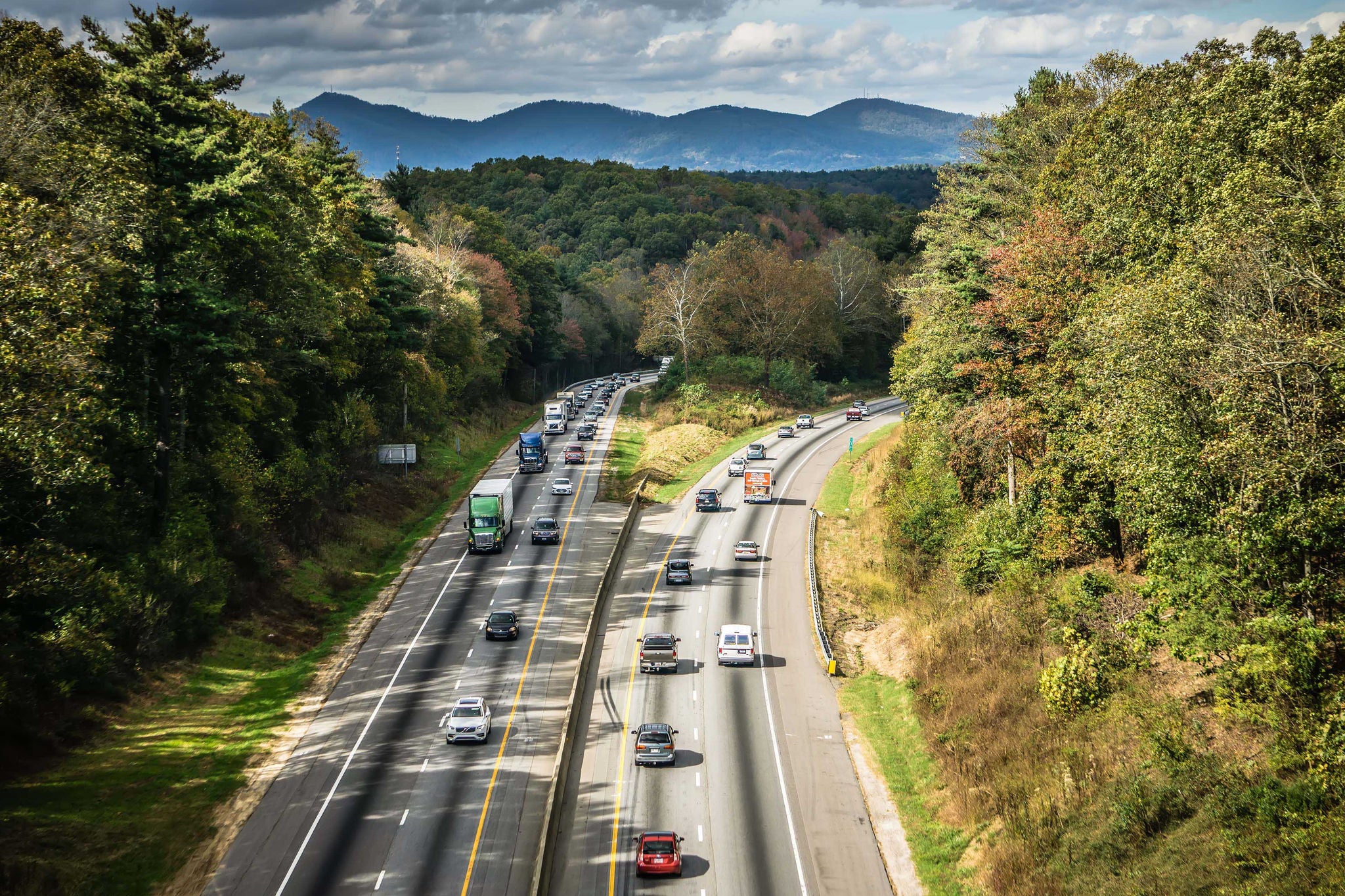 Aerial view of i-40 highway in north carolina from blue ridge parkway
