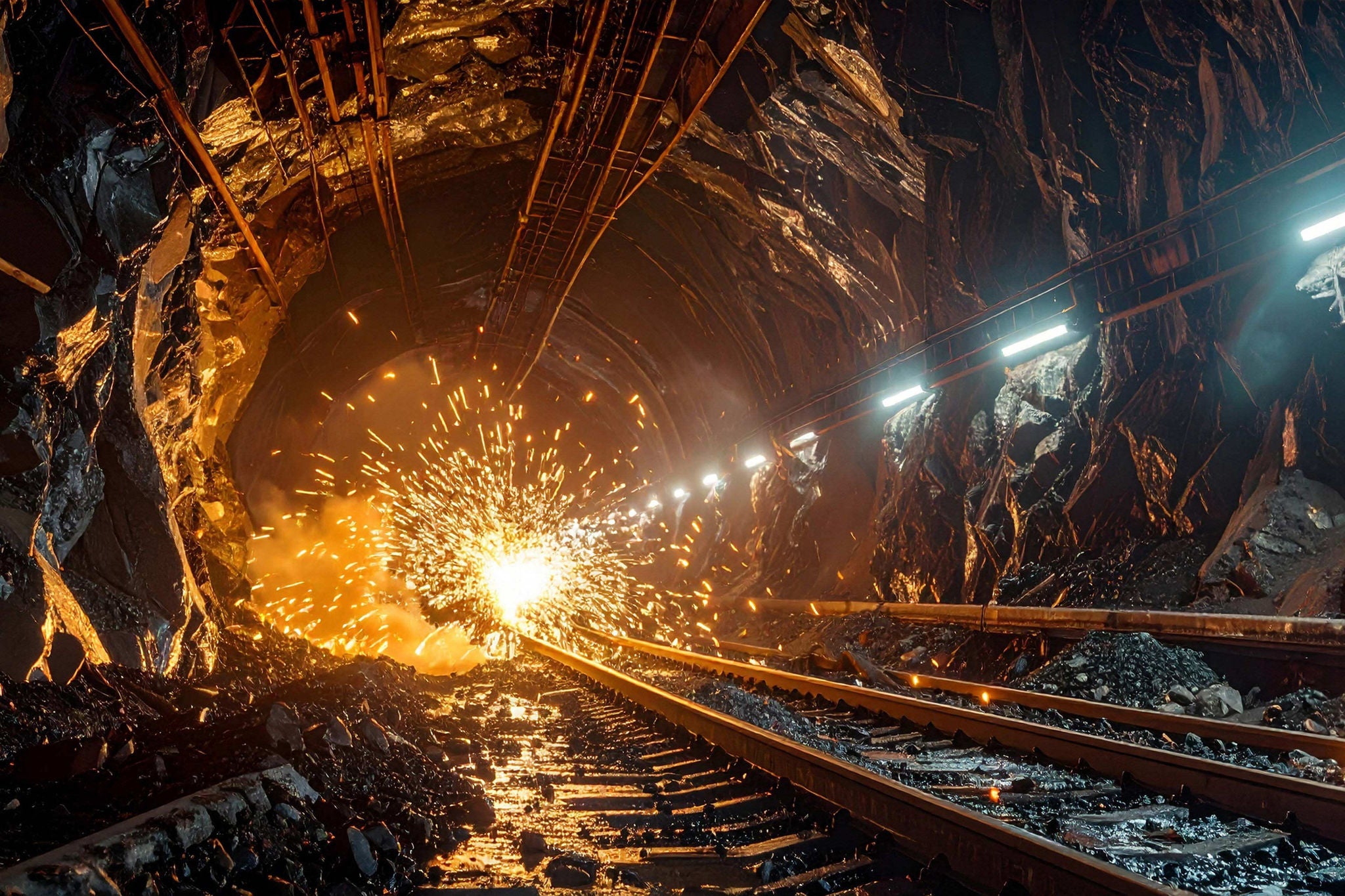 Intense underground mining operation with sparks