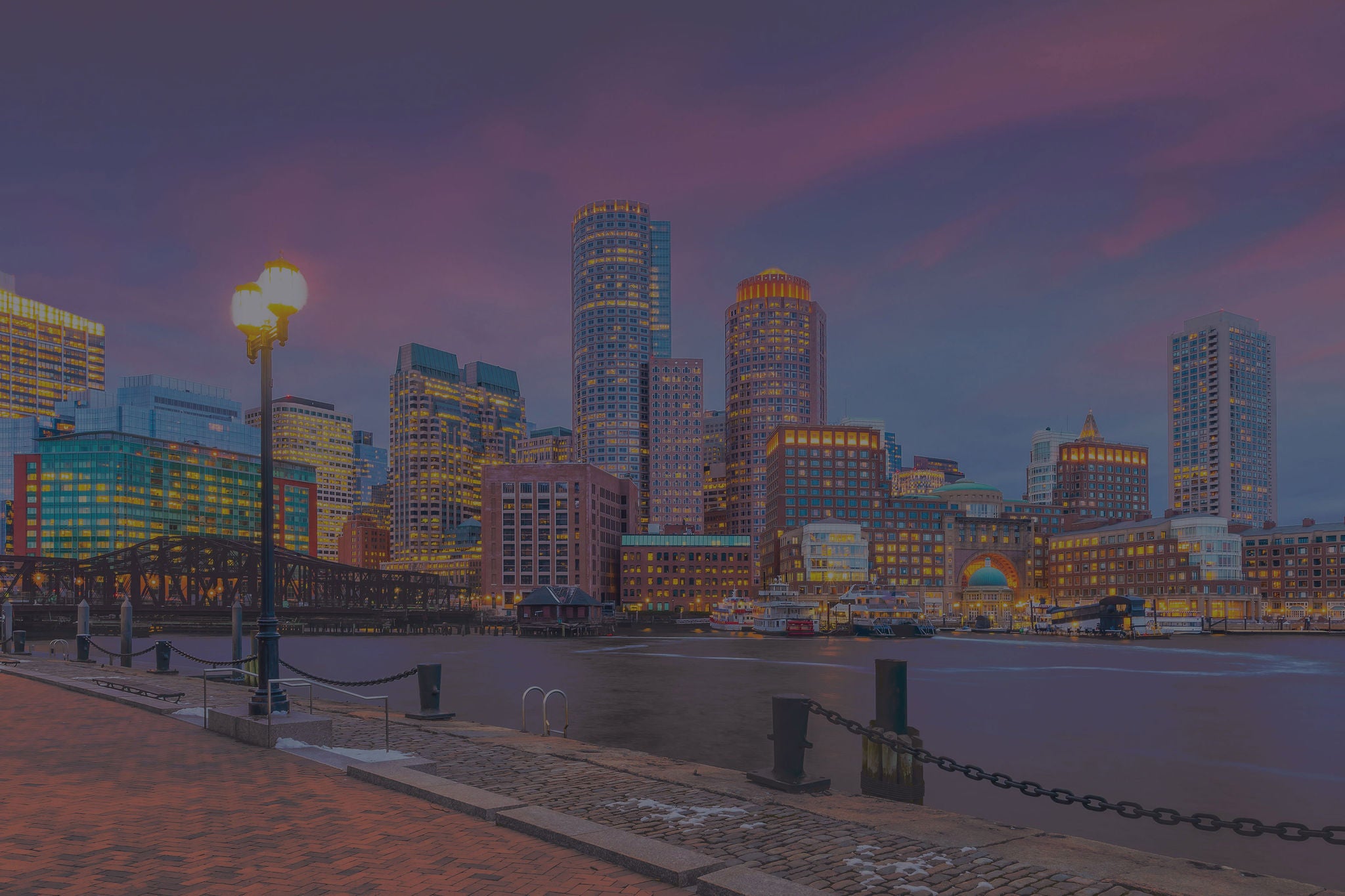 Boston Harbor and Financial District at twilight, Massachusetts