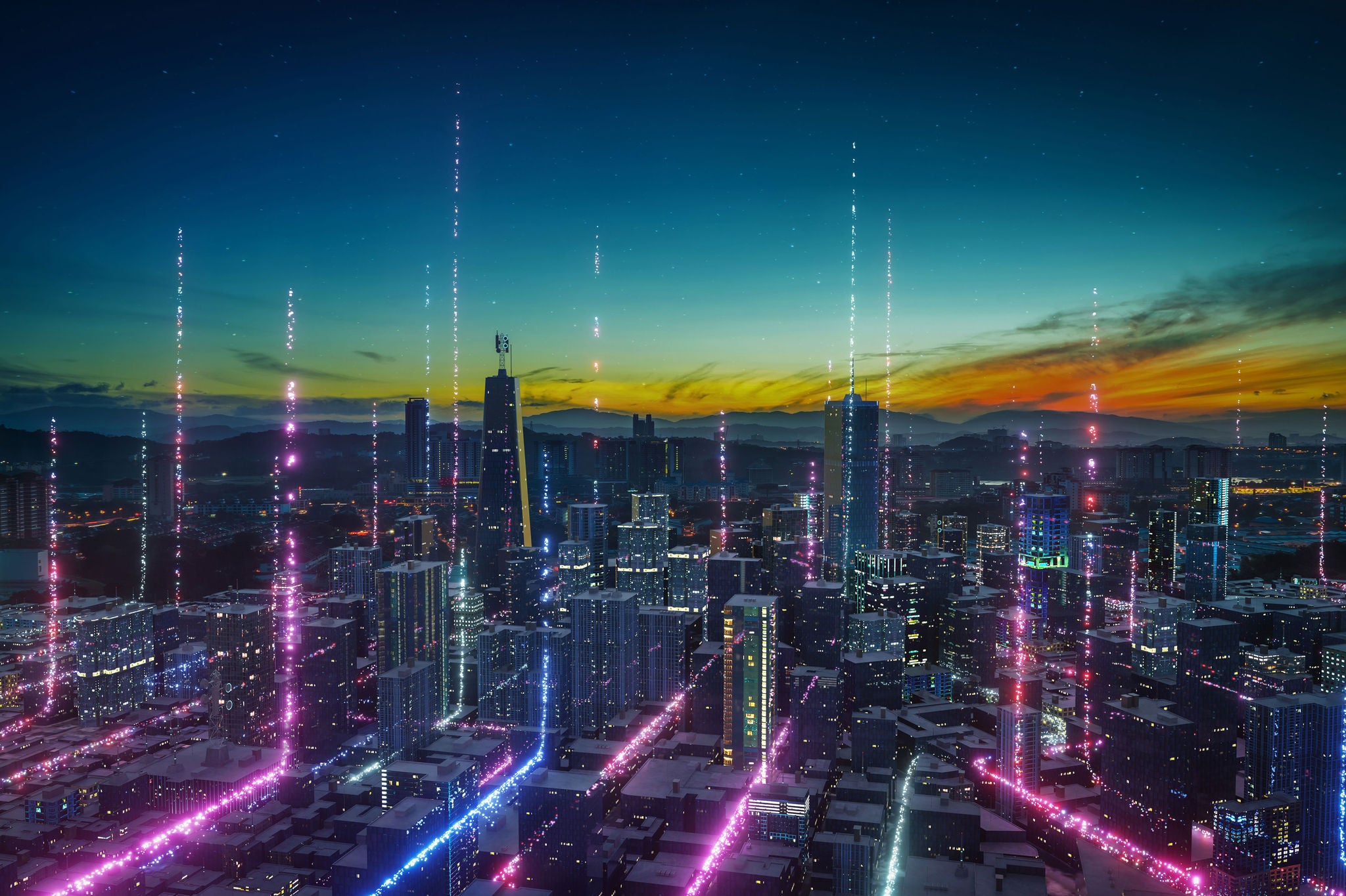Smart city with particle glowing light connection design
