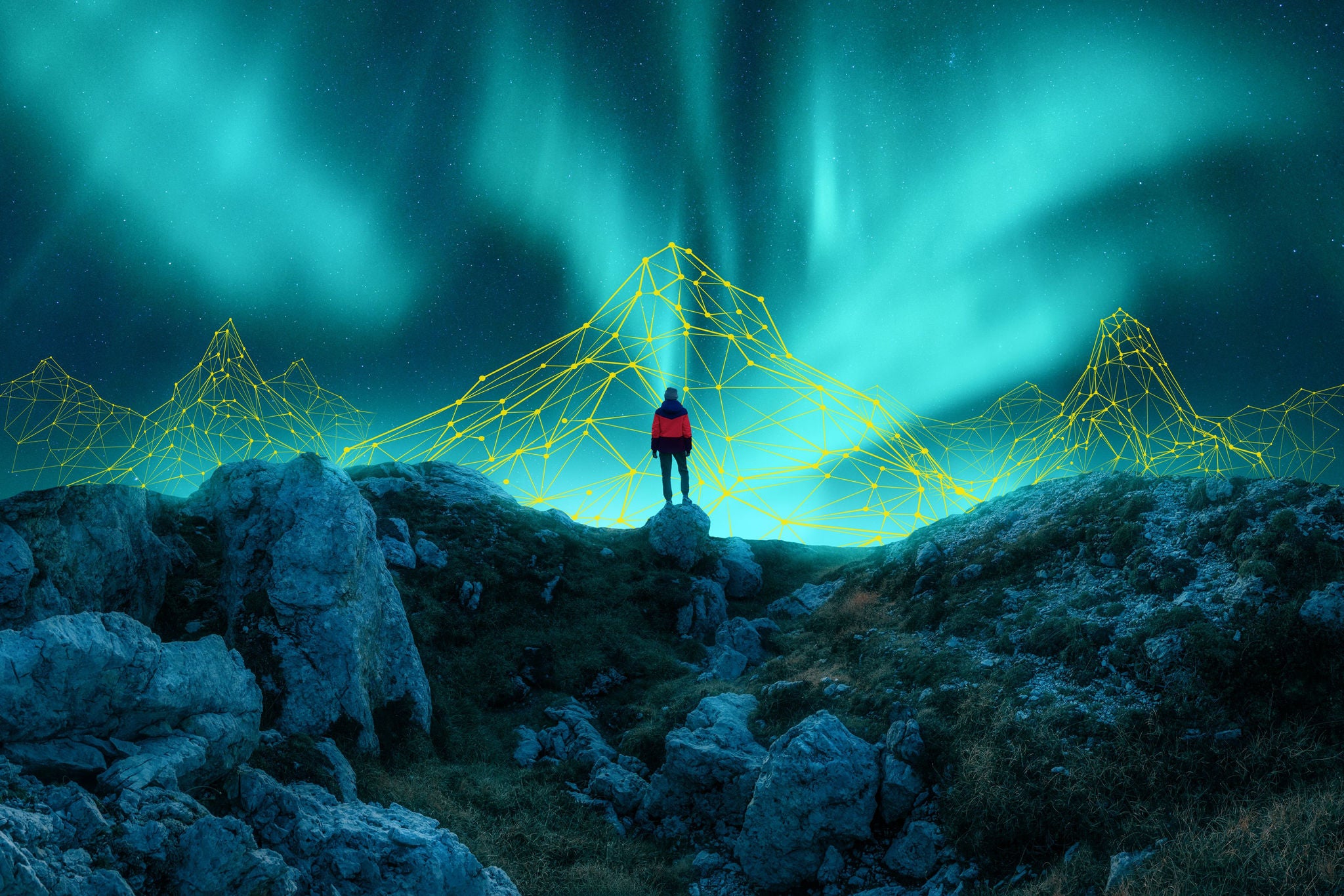 Berglandschaft unter Polarlichtern mit digitalem Netzwerk und leuchtenden Datenverbindungen.