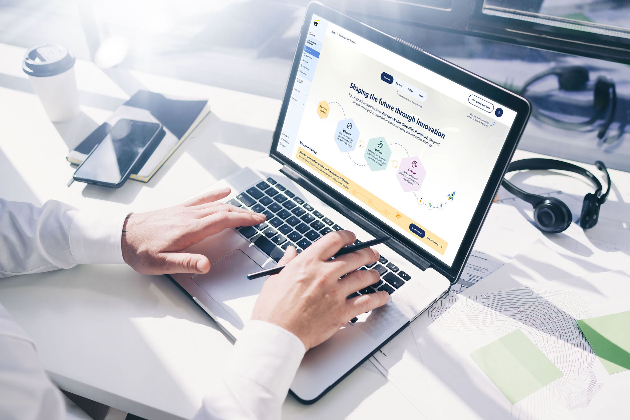 Man working with laptop. Mock-up of the screen.