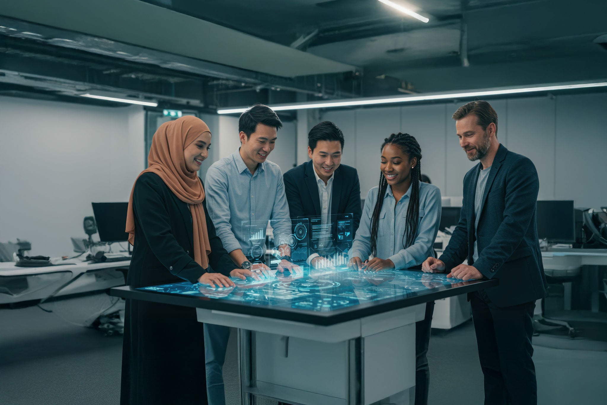 Diverse group of people looking at a screen in a modern office.