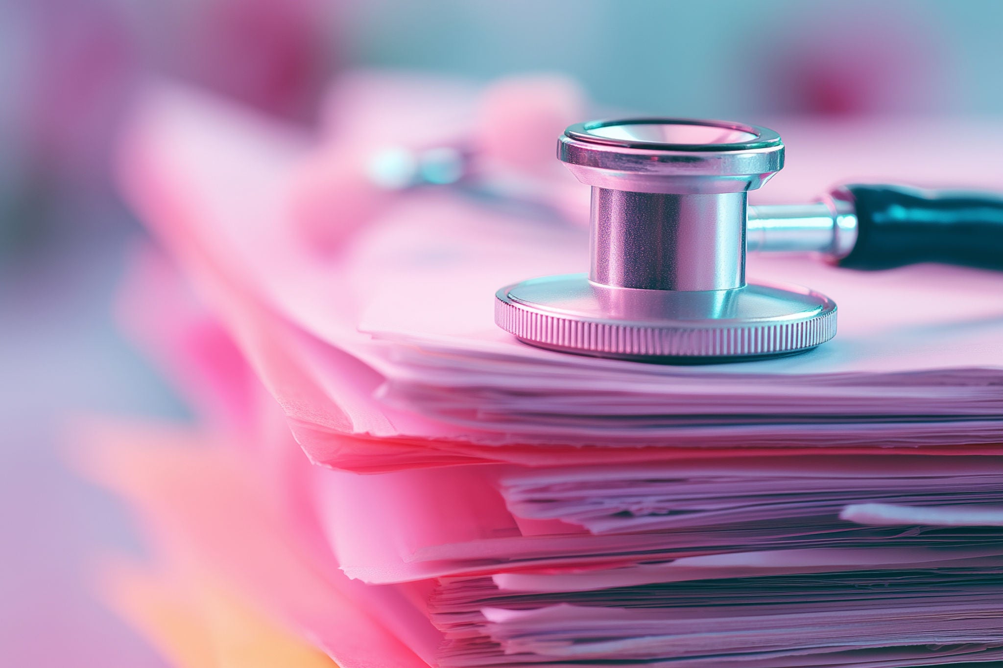 a stethoscope resting on a tall stack of medical documents and patient files — concept symbolizing healthcare management, medical research, diagnostics, and hospital administration