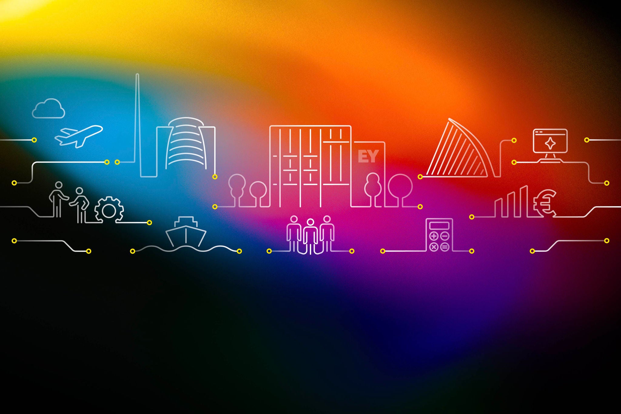 EY Budget 2027 campaign banner with digital network lines and vibrant gradients.