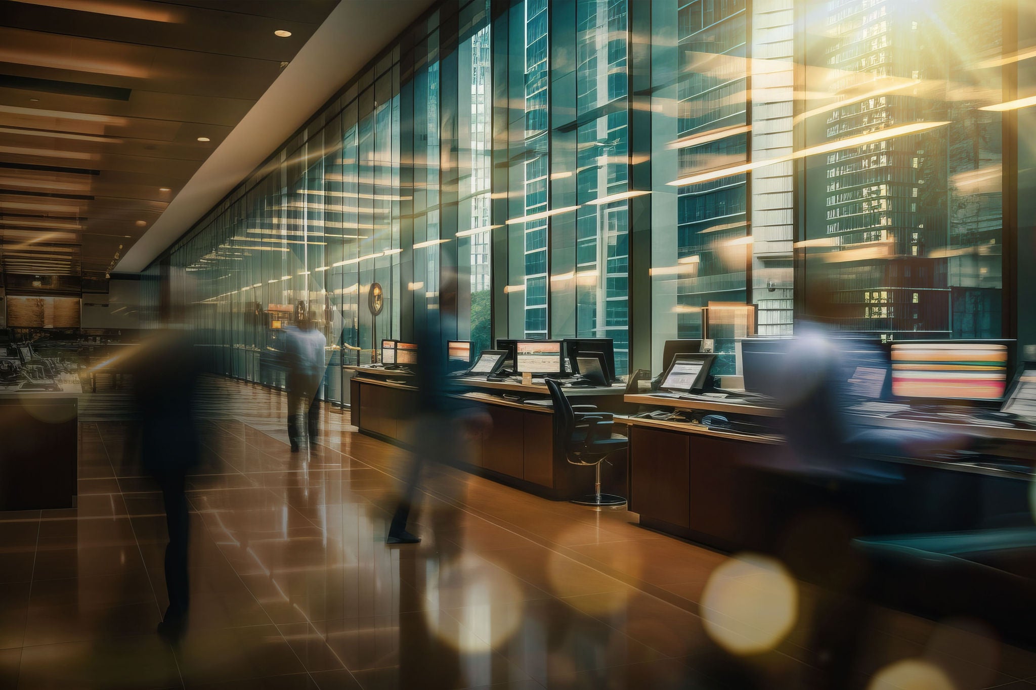 Modern office trading floor with professionals moving between desks