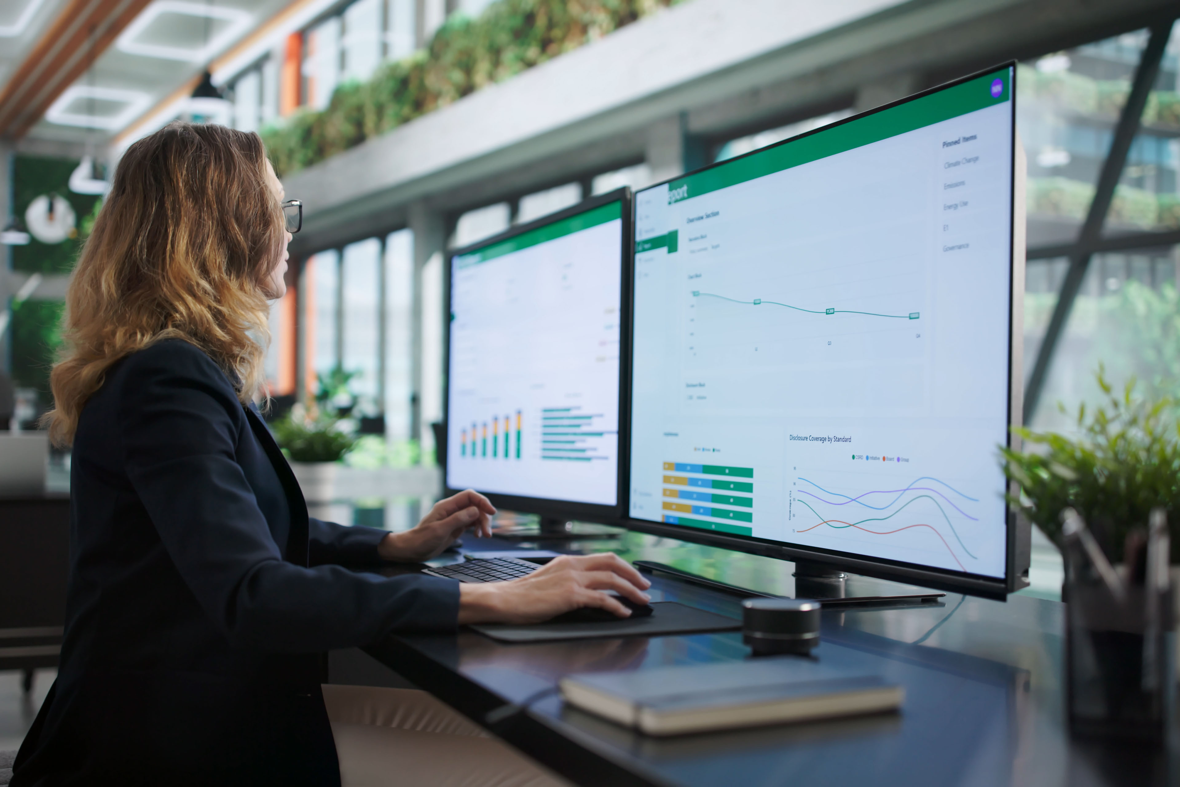 Dedicated Environmental Lawyer Woman Analyzing ESG Report On Computer Dashboard.