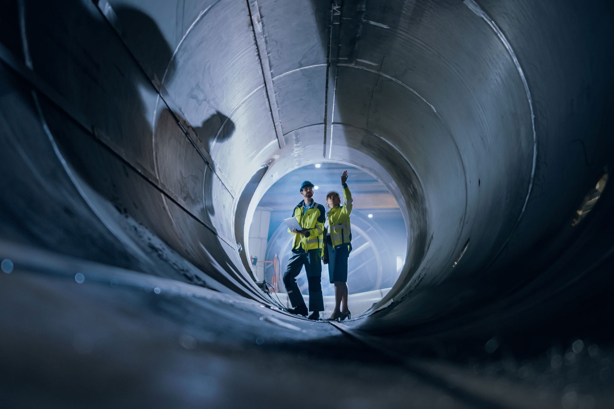 Two engineers inspecting inside pipe