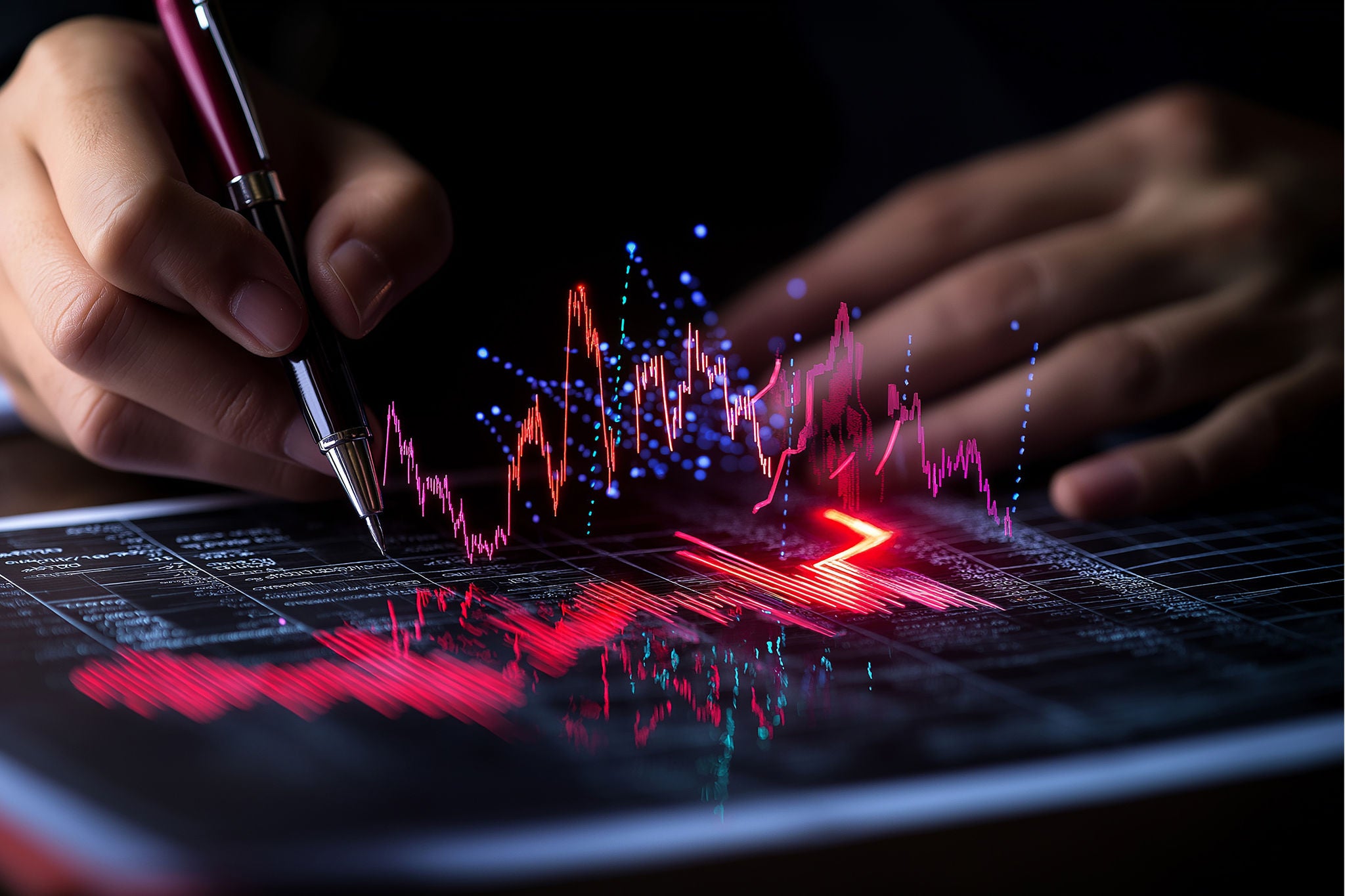 Hand analyzing digital stock chart with glowing trend lines