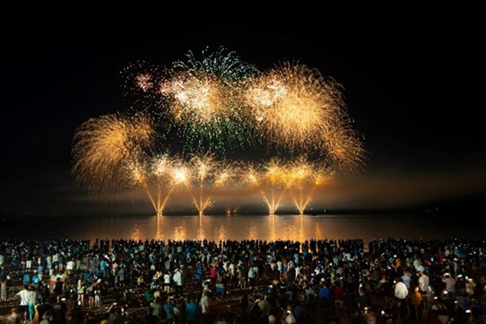 Fireworks over a lake with a large crowd watching