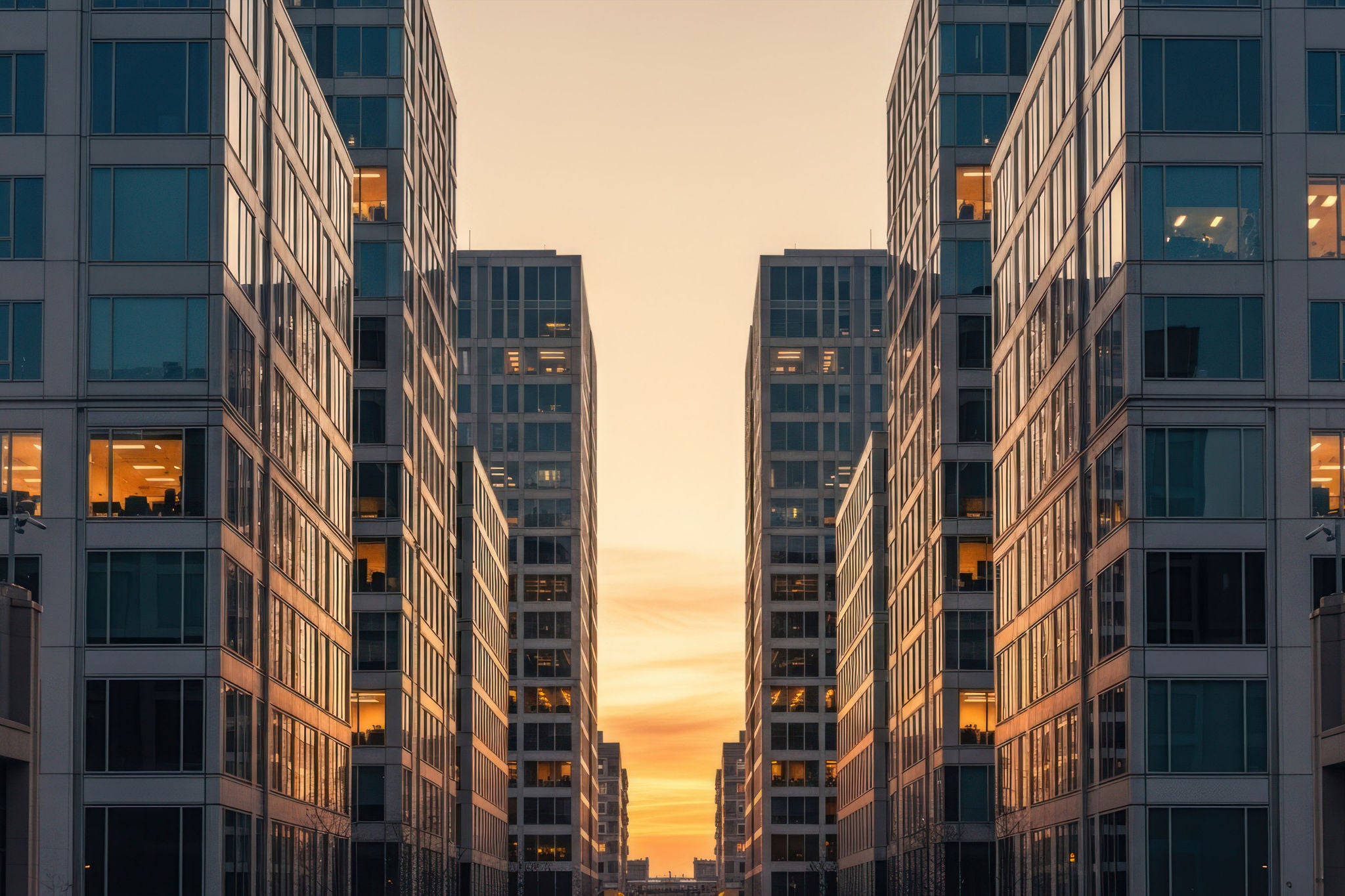 Symmetrical view between modern buildings, sunset sky peeking through