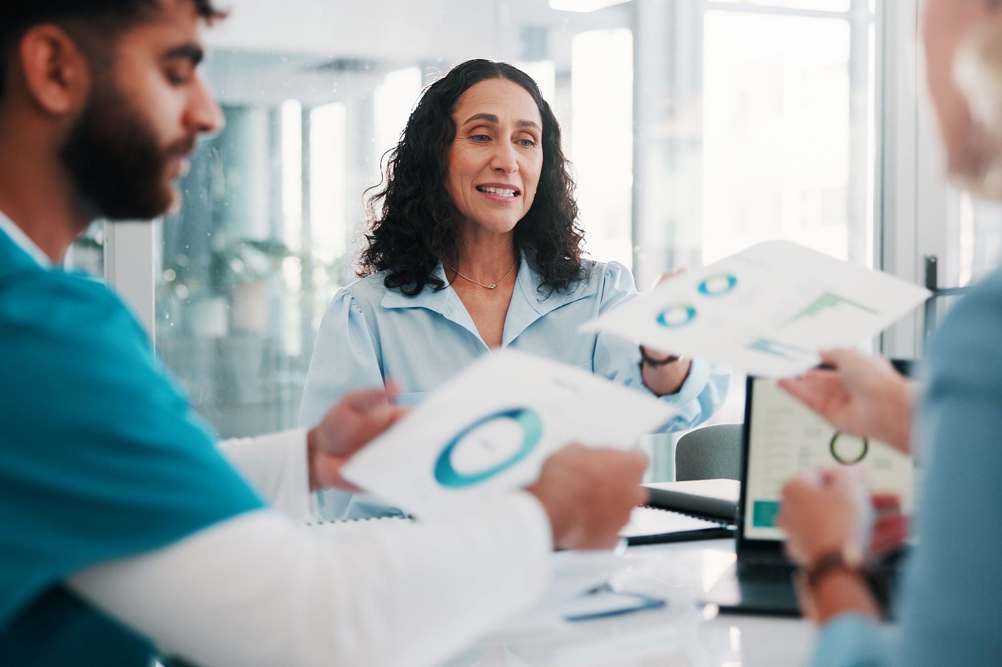 Hospital, meeting and people in office.