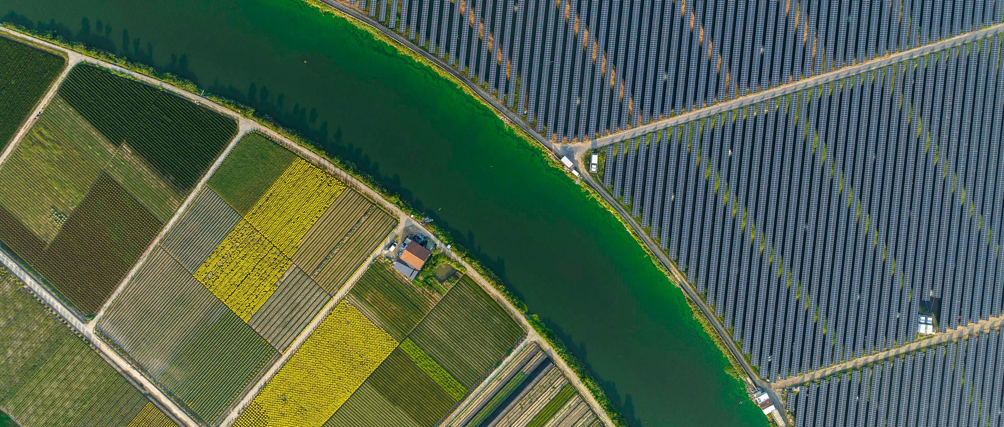 High angle view of solar panels next to an agricultural landscape