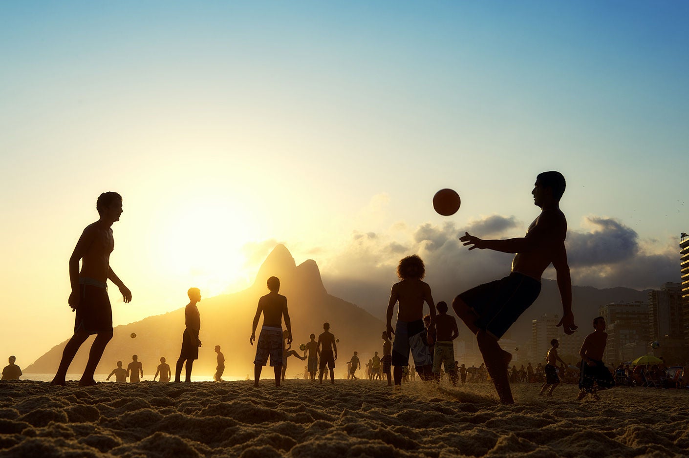 Sunset Silhouettes Playing Altinho Futebol Beach Football Brazil