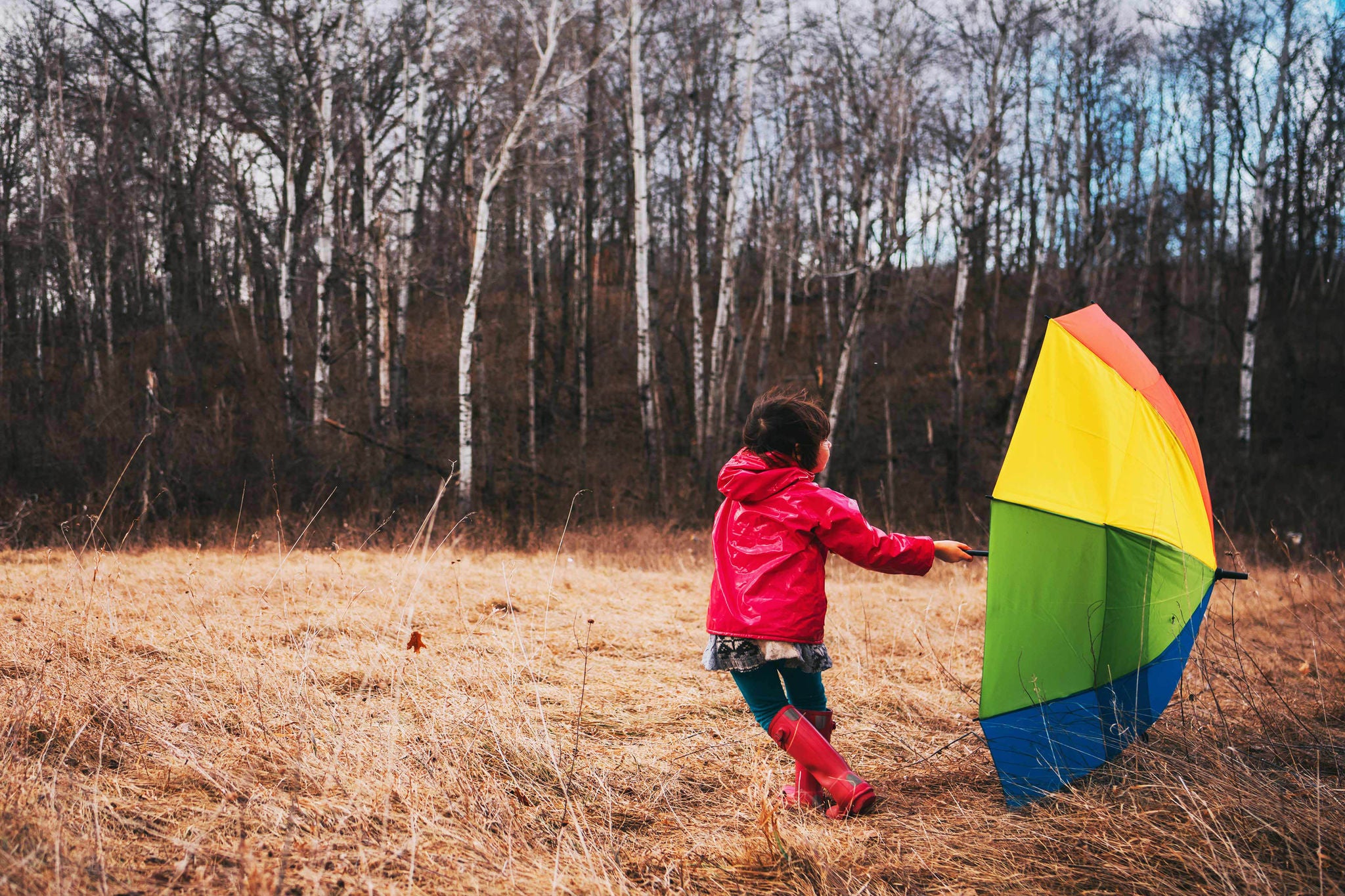 EY Girl playing in a field a multi-colored umbrella with red raincoat and boots 