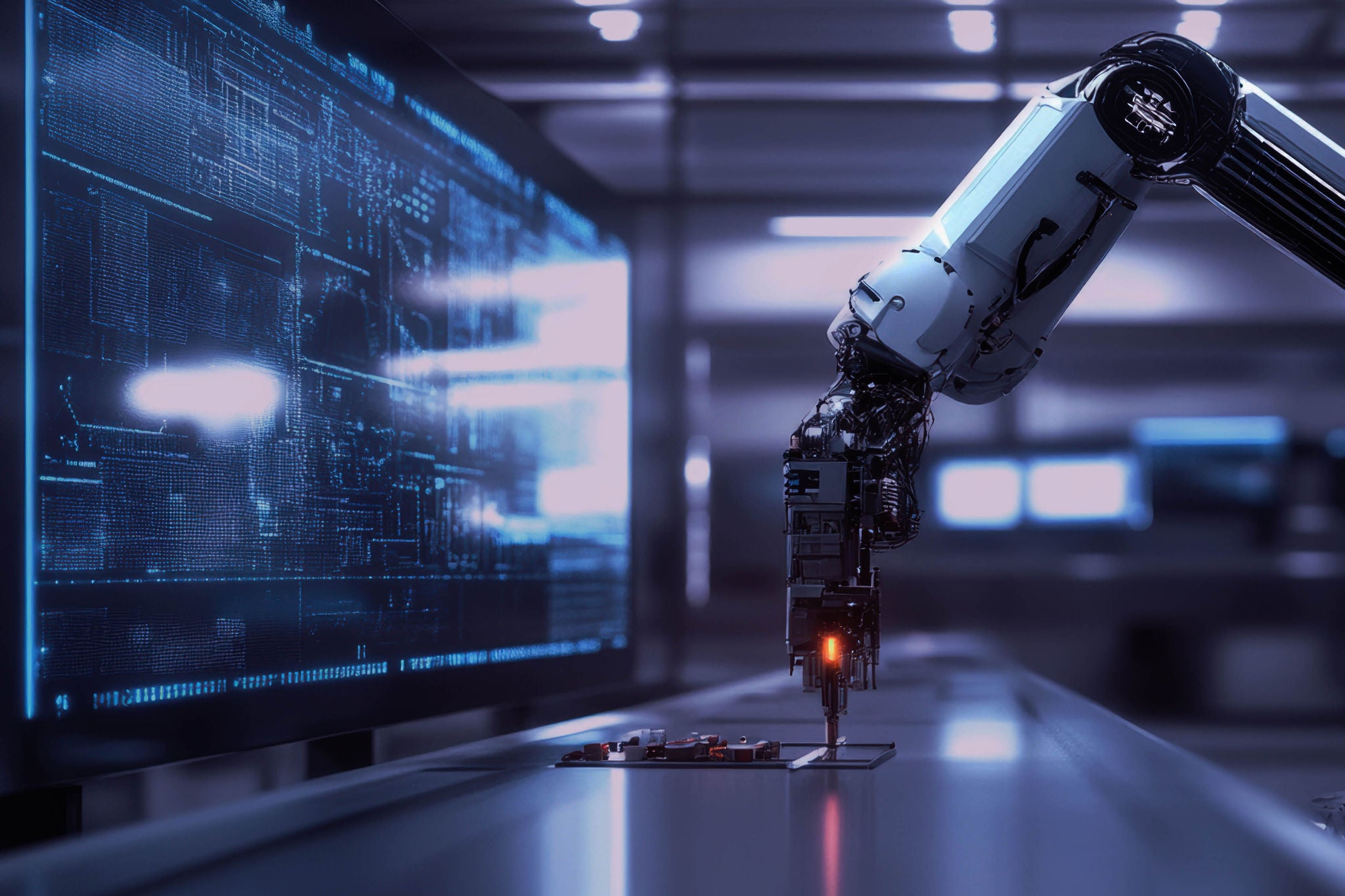 Robotic arm assembling components on a high-tech production line