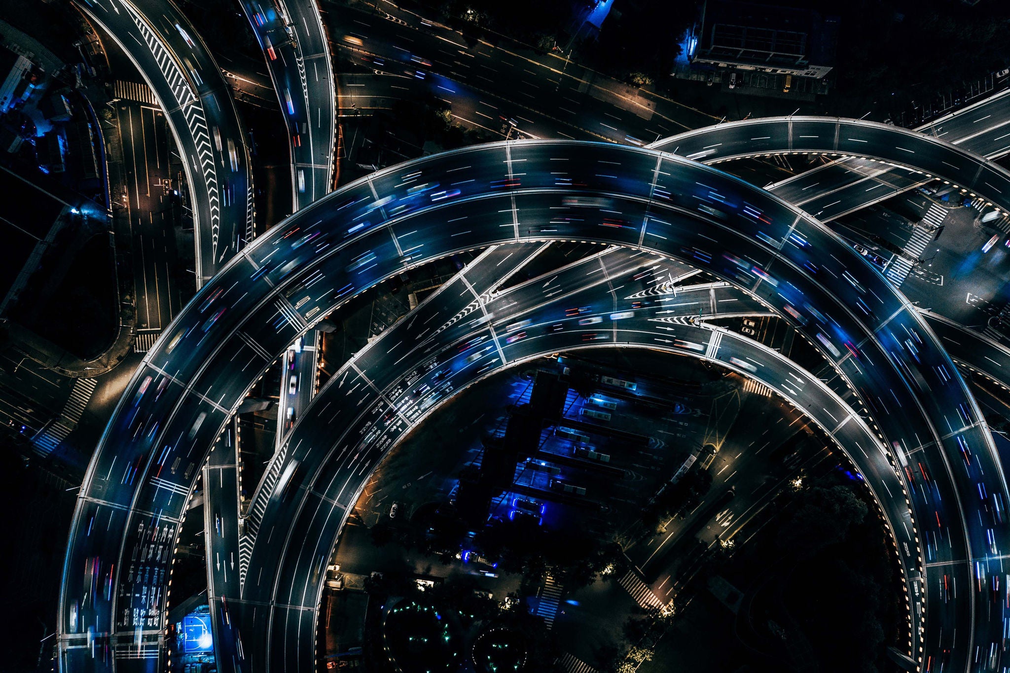 Top View of Overpass and Road Intersection at Night