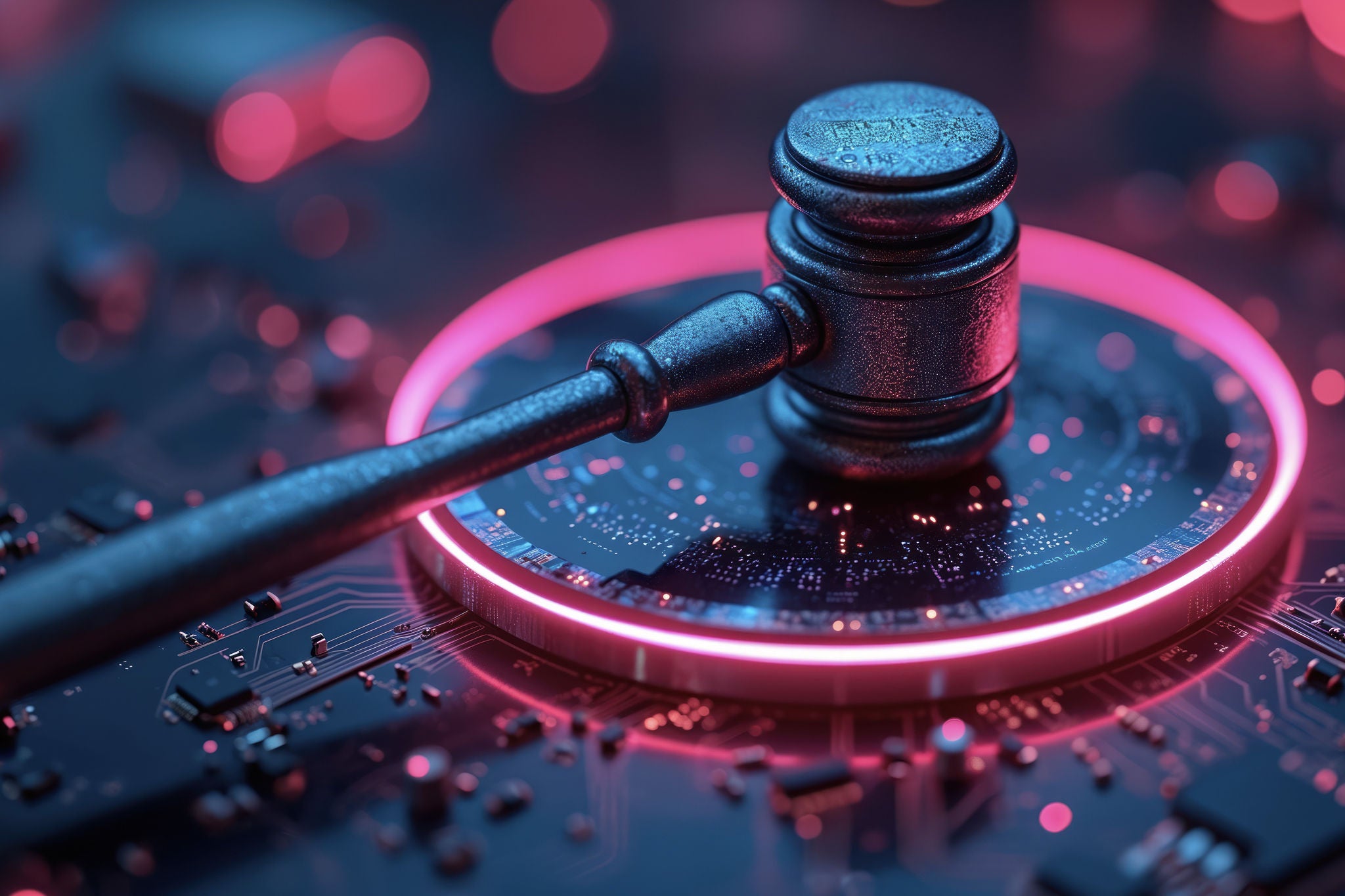 Maillet de juge sur circuit numerique lumineux symbole du droit