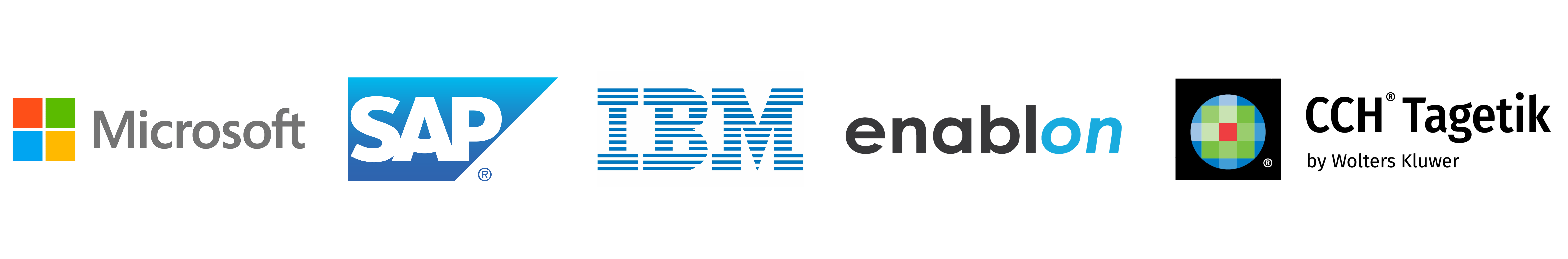 Logos führender Software- und Technologielösungen auf weißem Hintergrund.