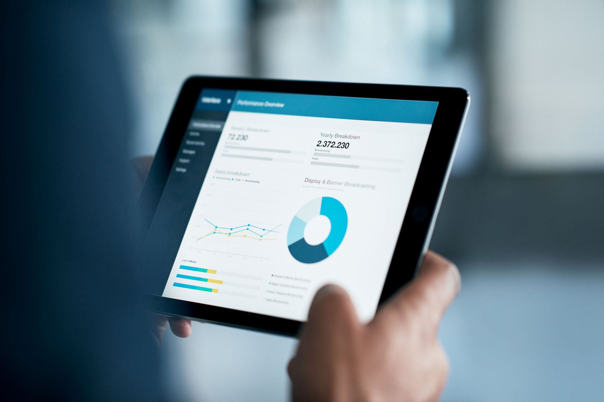 Tablet displaying business dashboard with charts and performance metrics