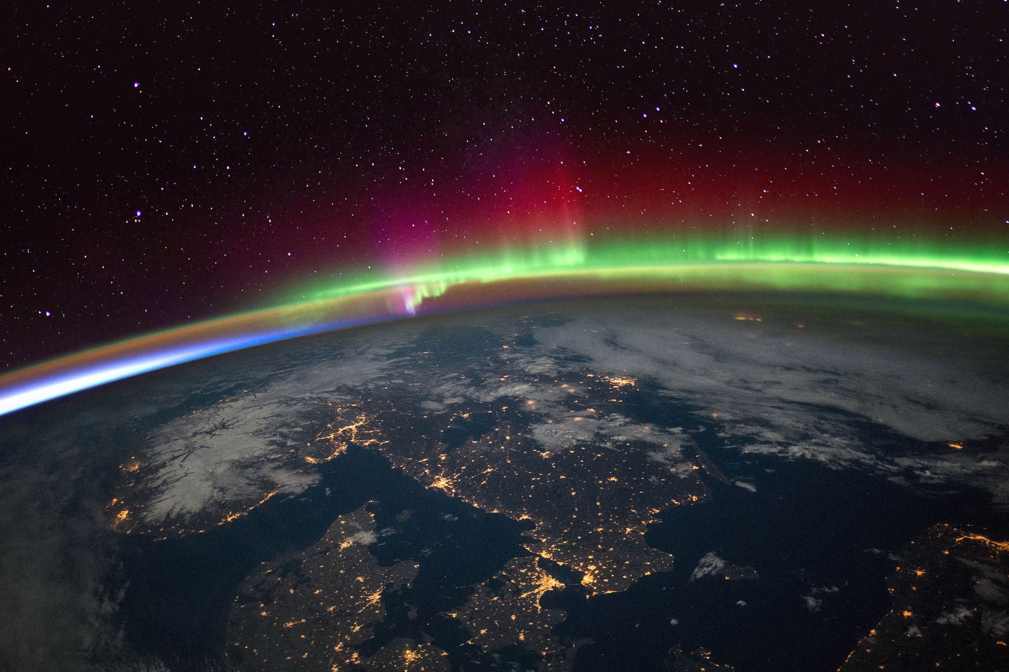 Aurora Borealis (Northern Lights) over Scandinavia from the International Space Statio (ISS). Elements of this immage supplied by NASA.