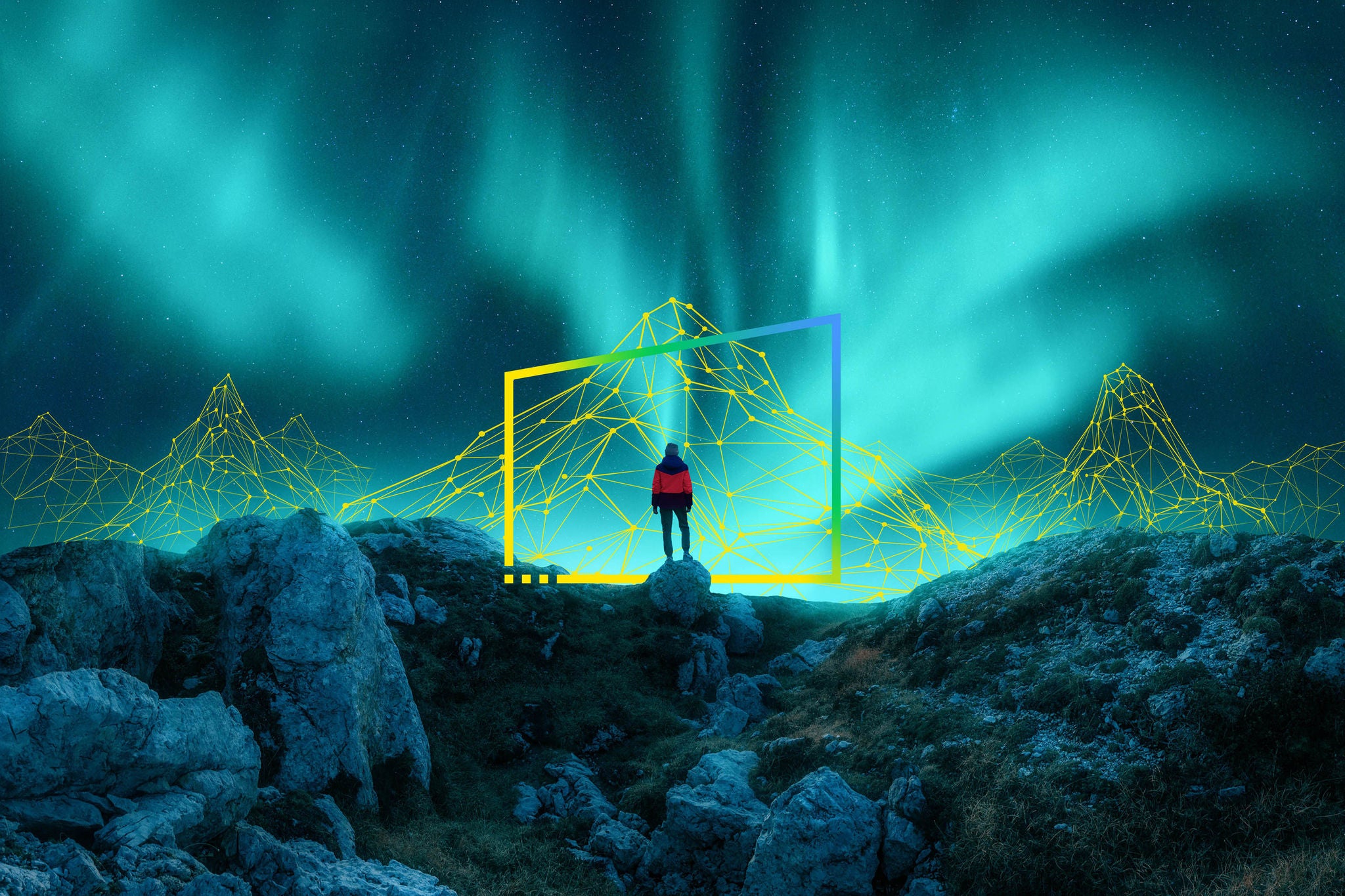 Aurora Borealis and young woman on mountain peak at night
