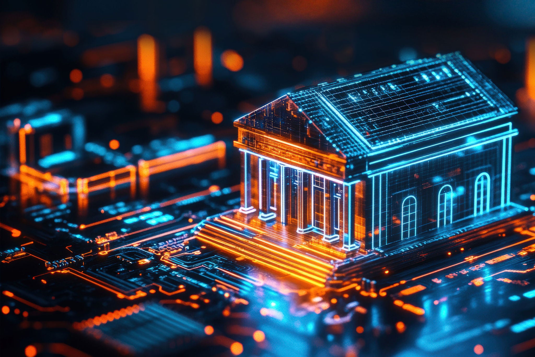 Futuristic virtual bank building. Digital architecture of the modern financial system