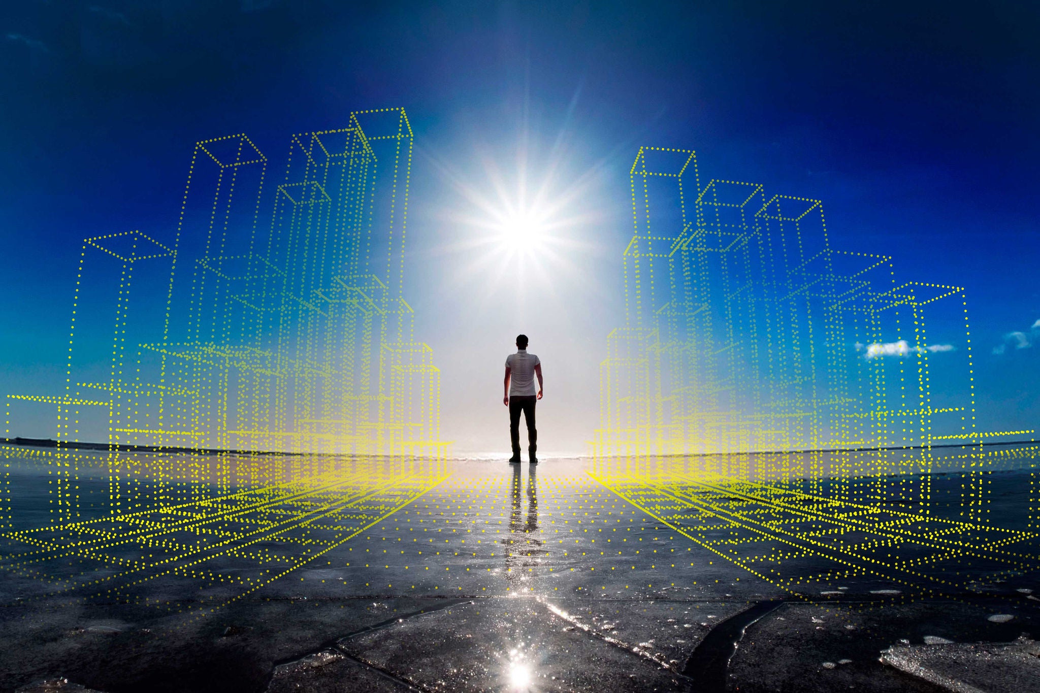 man standing on frozen lake with sun and flare effects at winter