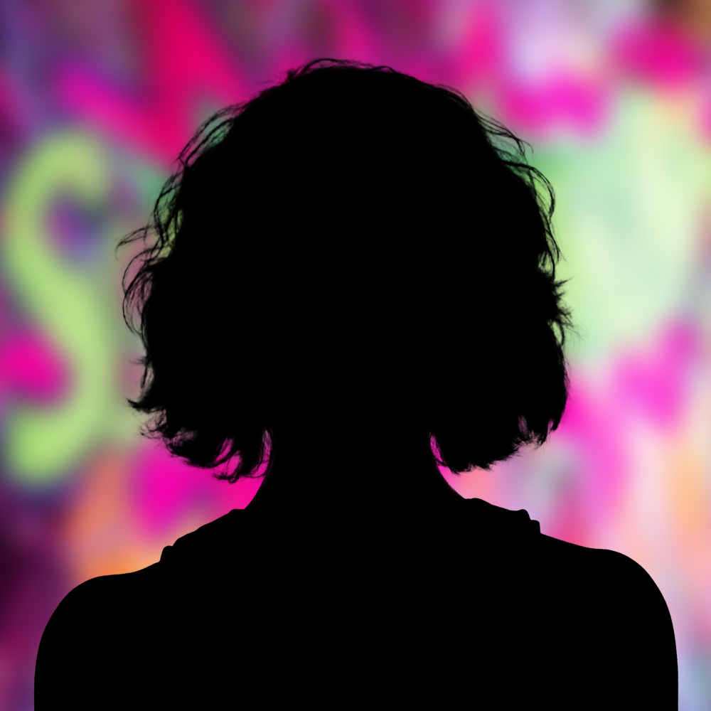 Schwarze Silhouette einer Frau vor einem bunten Hintergrund.