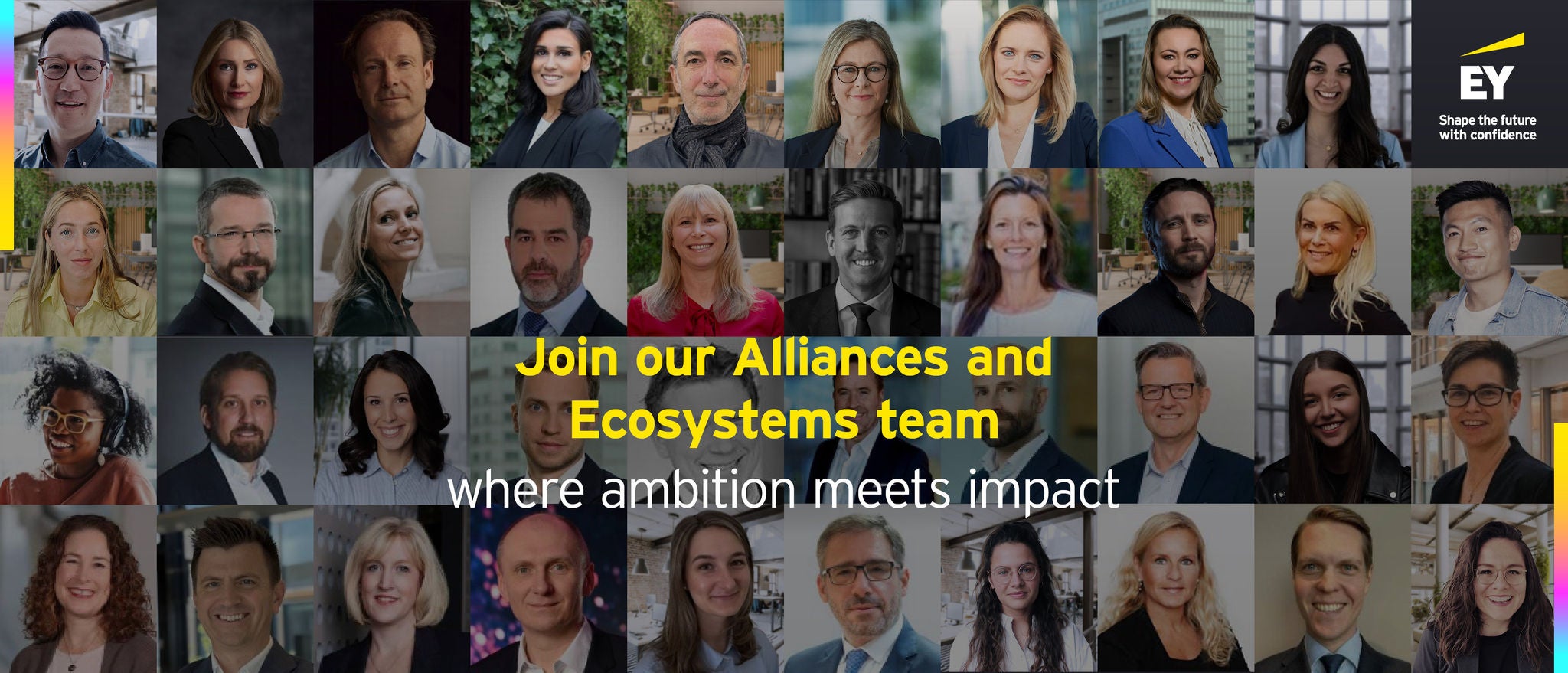 Employee portraits arranged in a grid with a call to join EY’s Alliances and Ecosystems team.