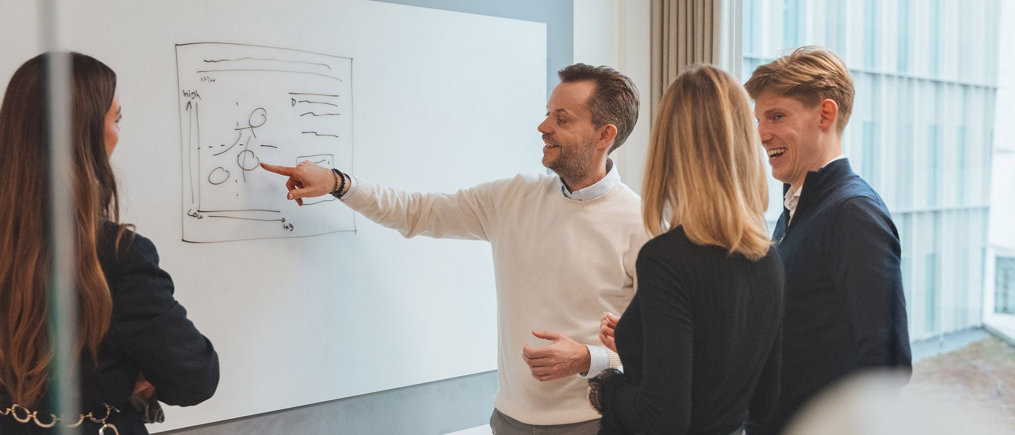 Team reviewing strategy on whiteboard during office collaboration