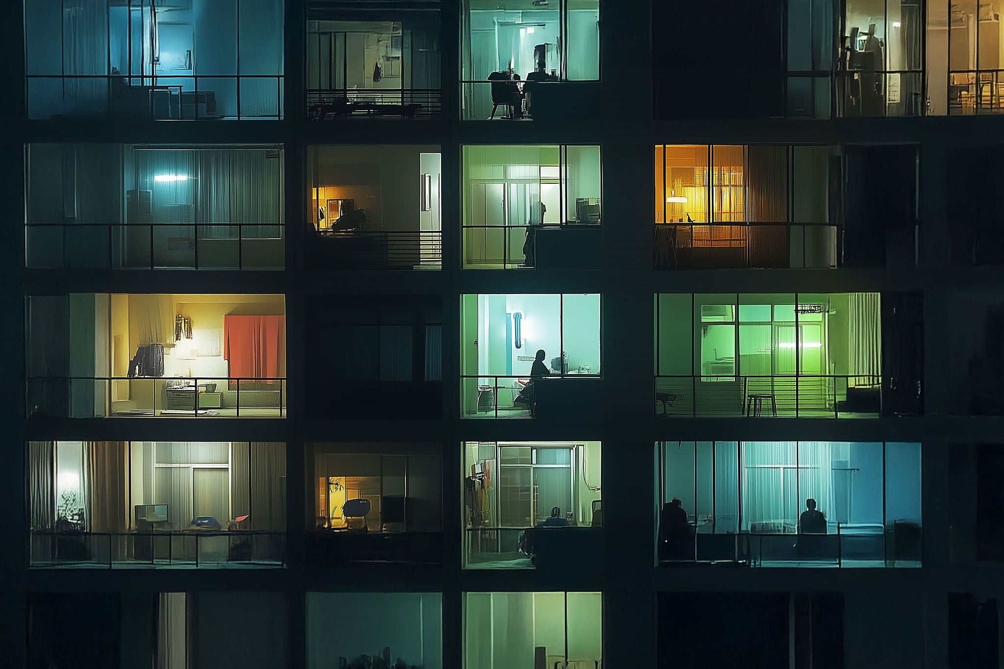 Evening, home view, people in apartments, dark apartments, city life.