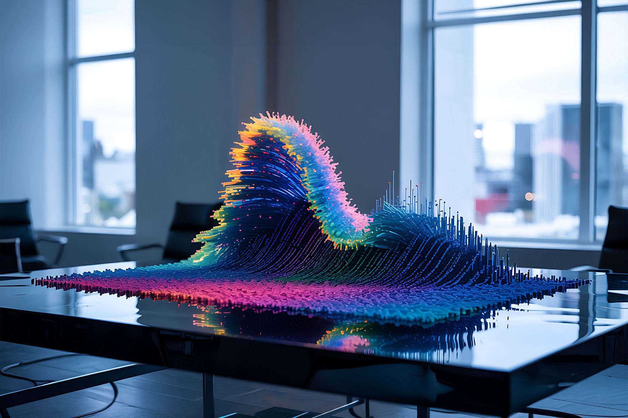 Abstract data visualization with colorful points on a sleek modern conference table.