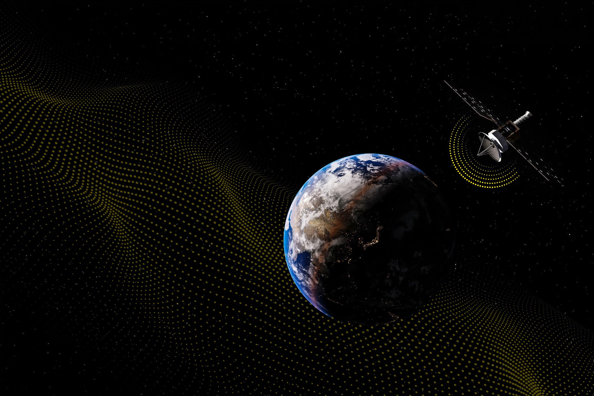 Computer-generated view of a satellite orbiting Earth