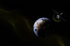 Computer-generated view of a satellite orbiting Earth