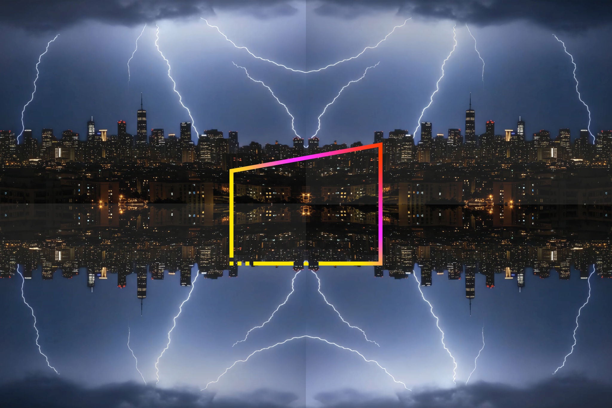 lightning storm over a nighttime cityscape