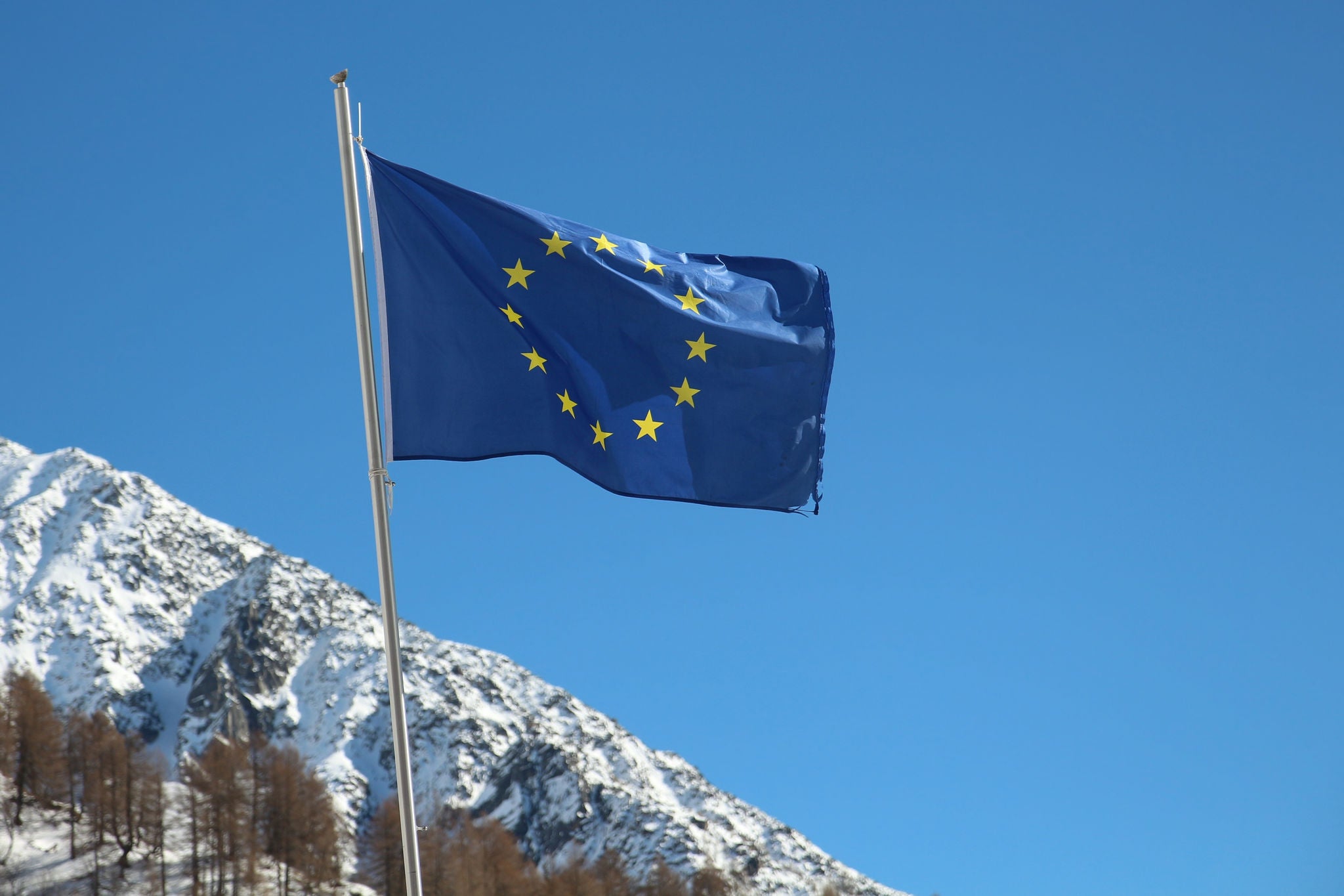 European Union flag in front of a snowy mountain.