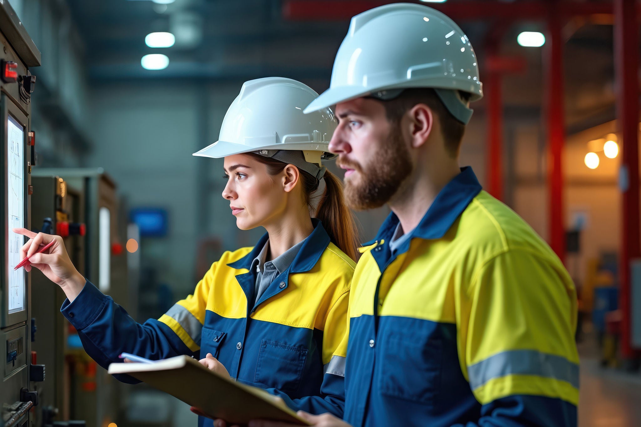 Two technicians in hard hats review monitor data. Woman points at screen while man holds clipboard. They work together on factory floor, checking equipment and production process. Team collaboration.