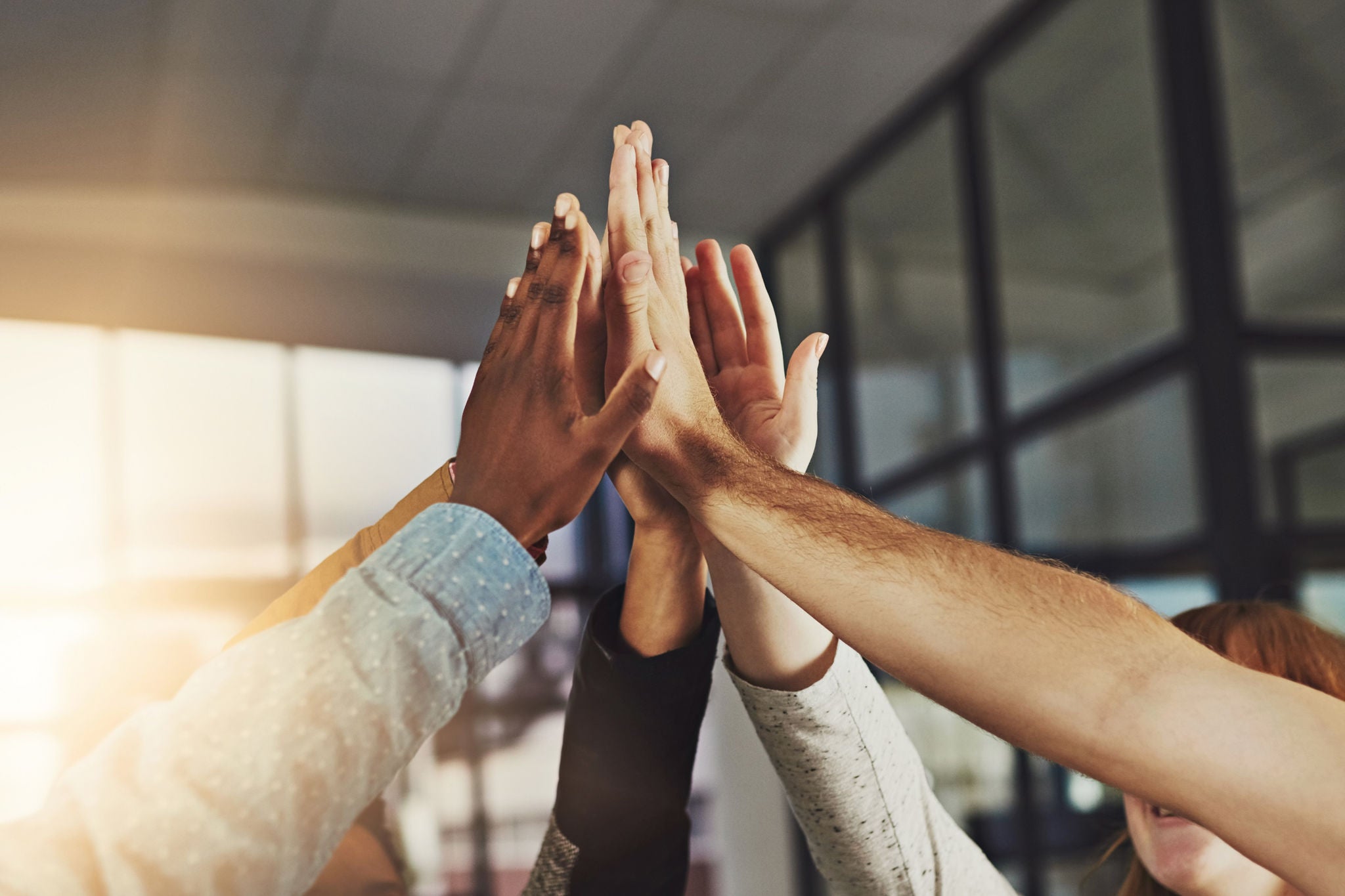 Shot of a group of colleagues giving each other a high five.