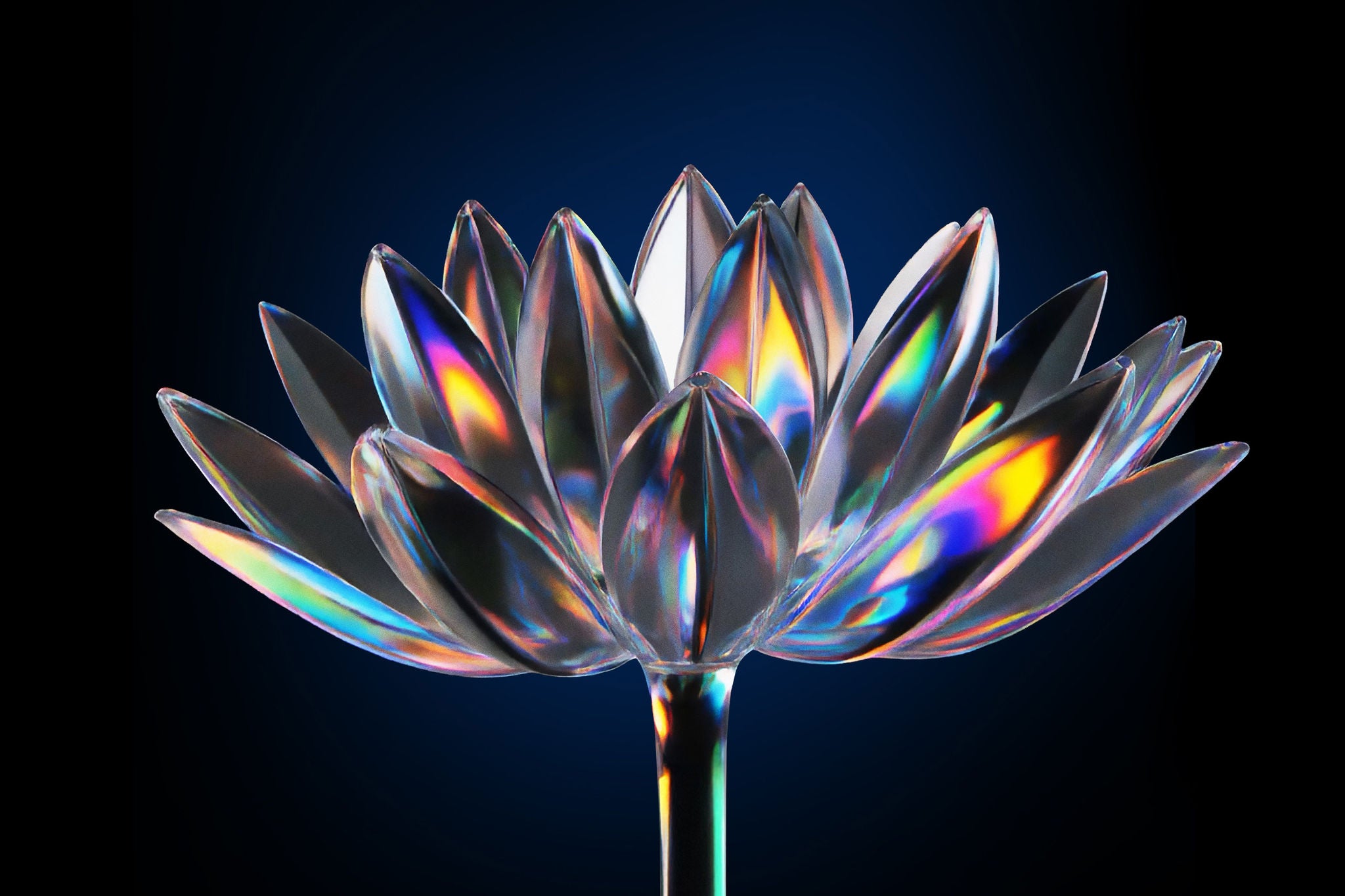 Transparent blomma i glas som skiftar i regnbågsfärger mot mörk blå bakgrund