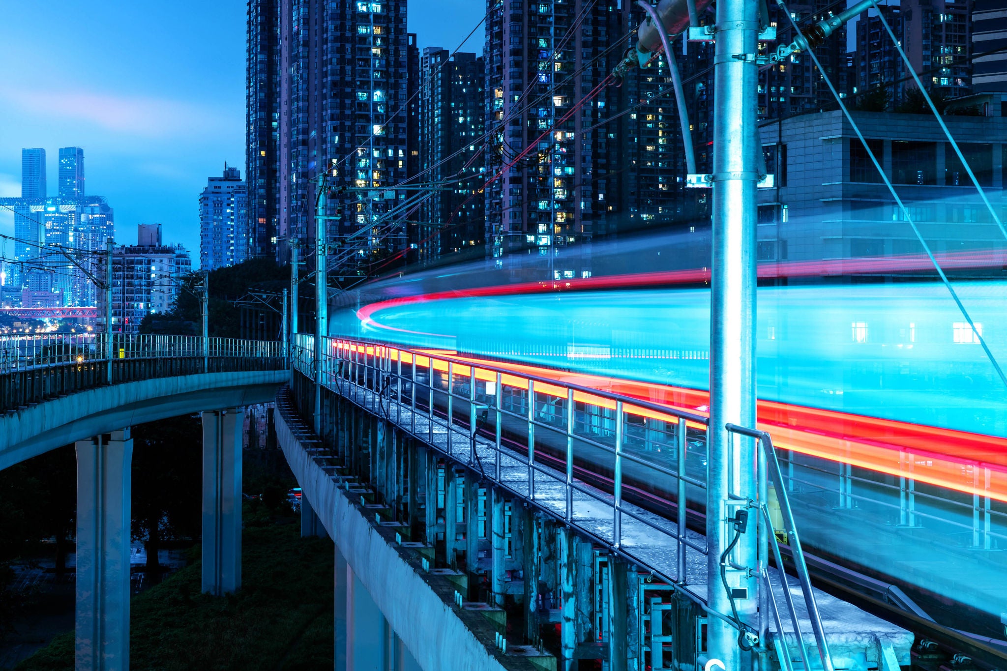 subway train with skyscraper in the modern city, in Chongqing, china.