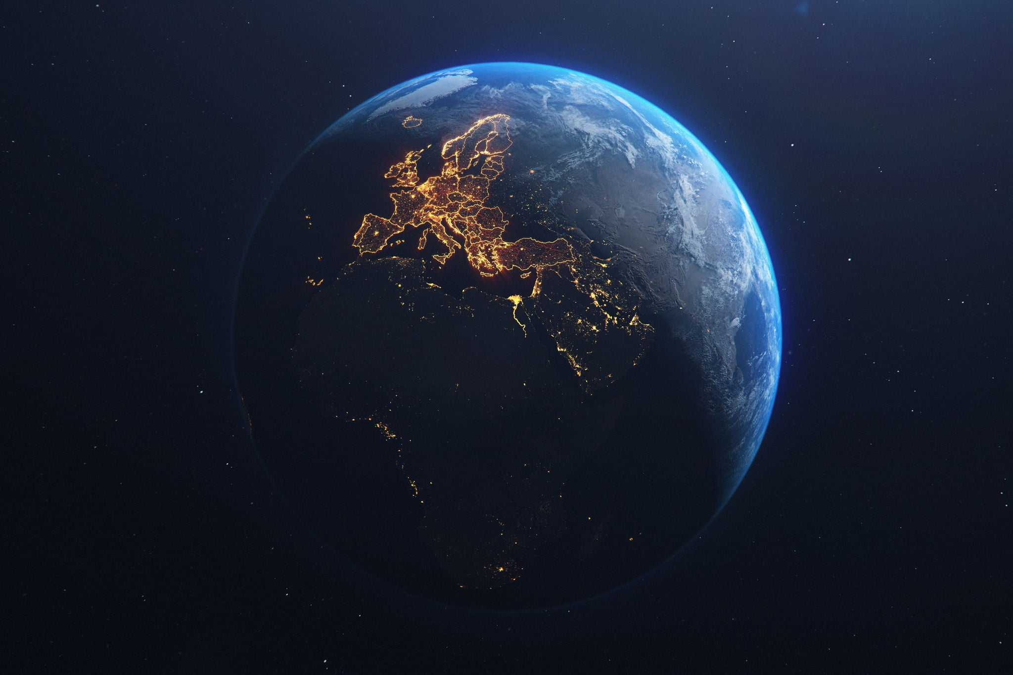 Planet Earth from Space EU European Countries orange glow highlighted, state borders and counties animation, city lights, 3d illustration