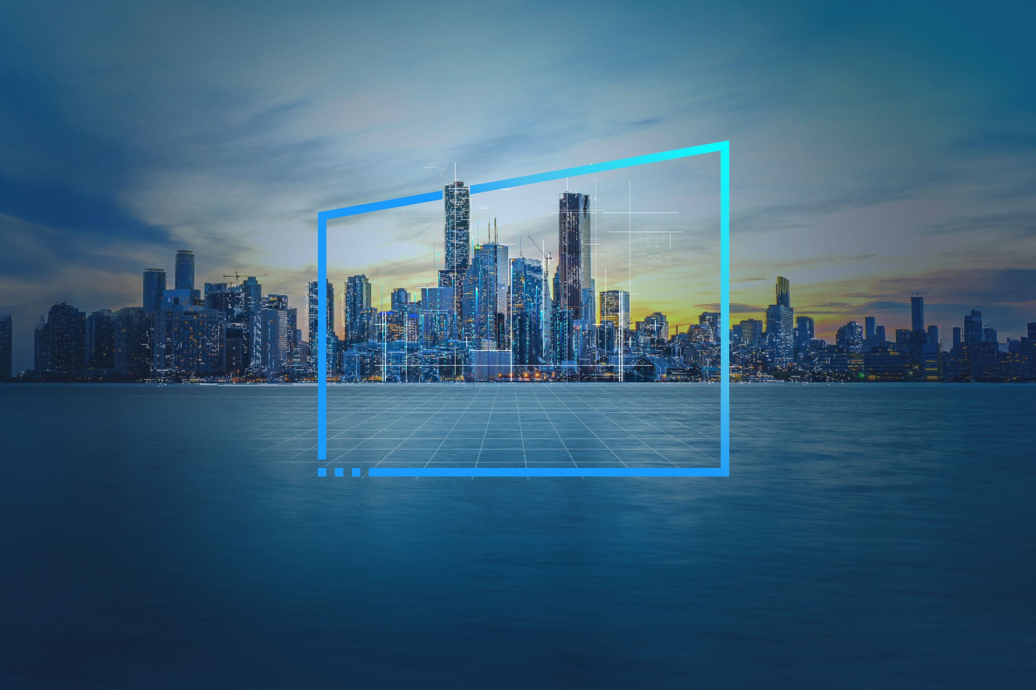 Blue city skyline at sunset with water reflection and digital grid, symbolizing smart urban growth