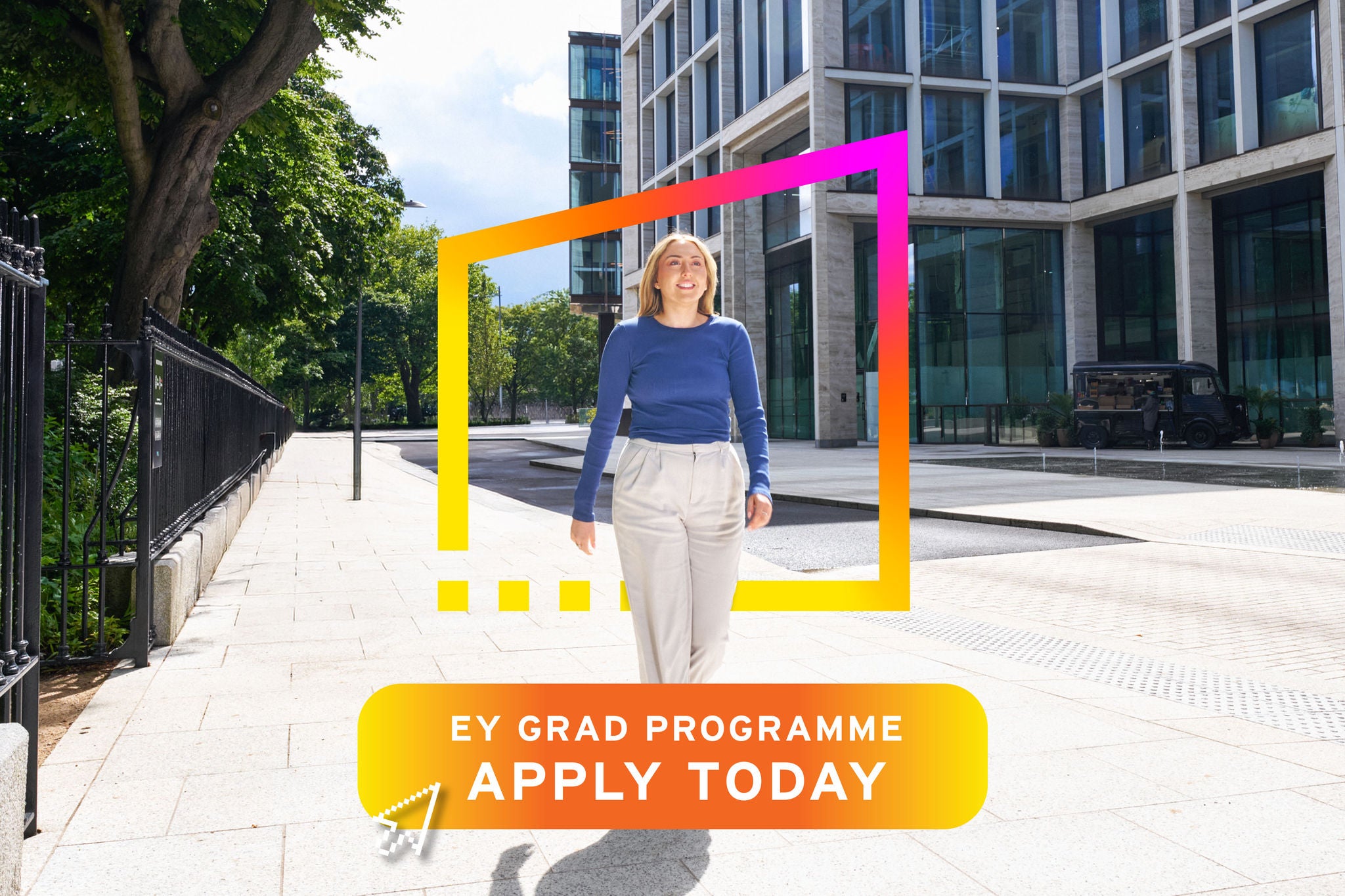 Promotional graduate programme image showing a person walking through a modern campus with an Apply Today call-to-action.