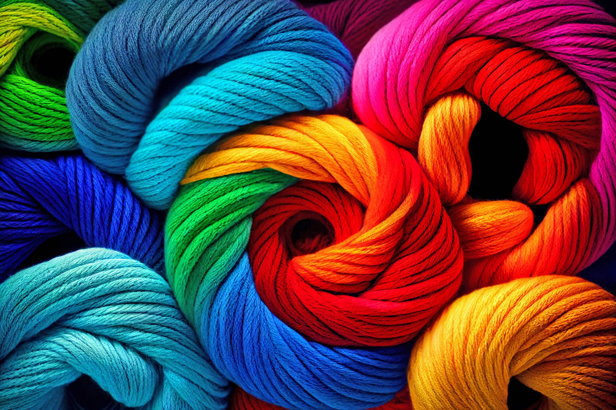 Background or texture from skeins of multi-colored threads or yarn. Generative AI