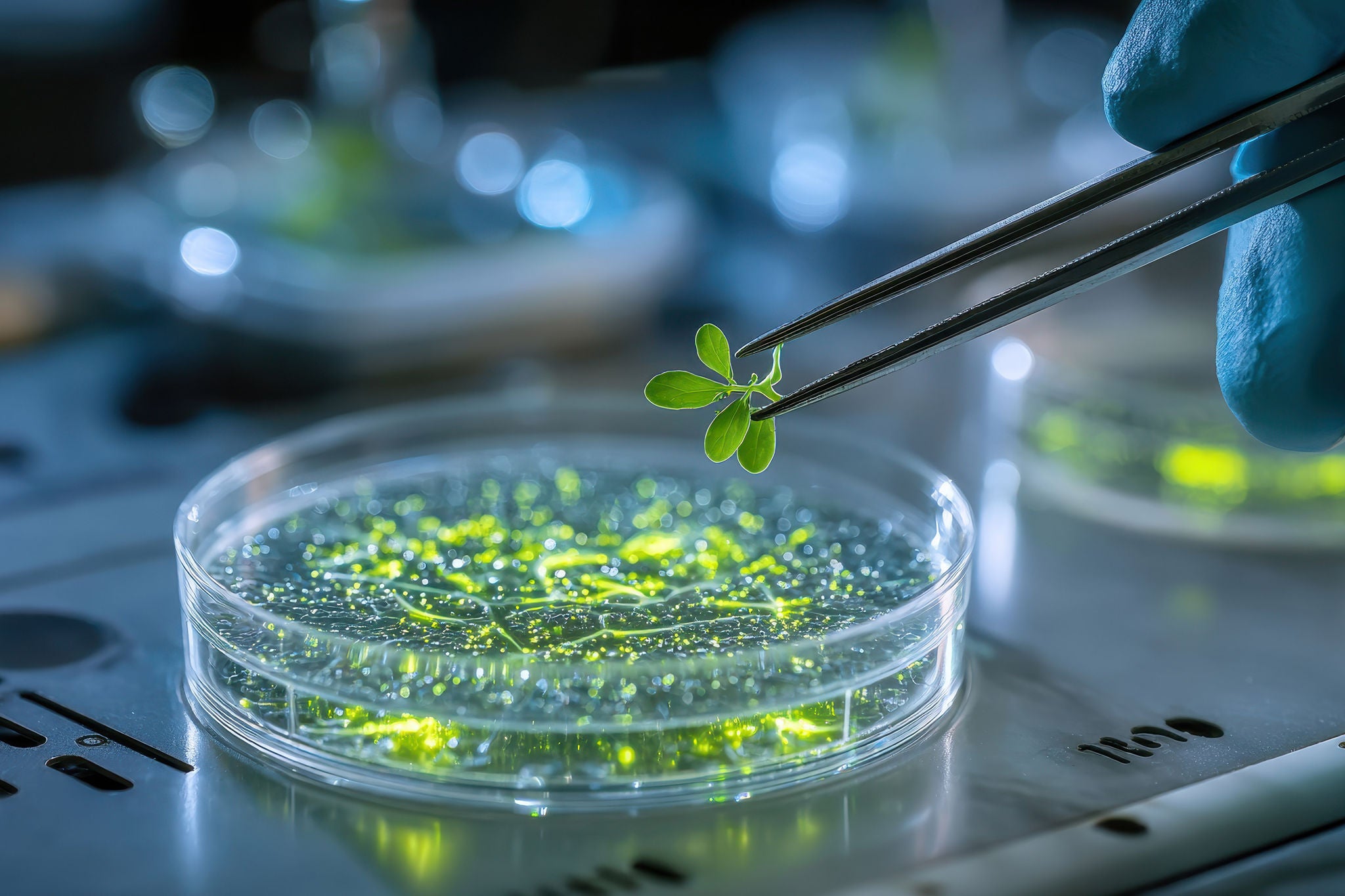 Researcher using tweezers to place a small plant in a glowing petri dish.