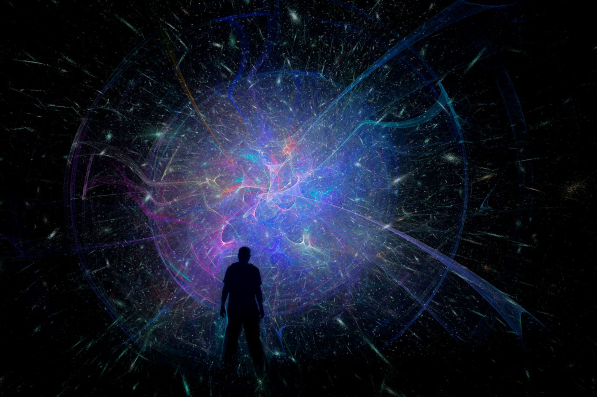 A science fiction concept of a man back to camera looking at fluctuating energy 