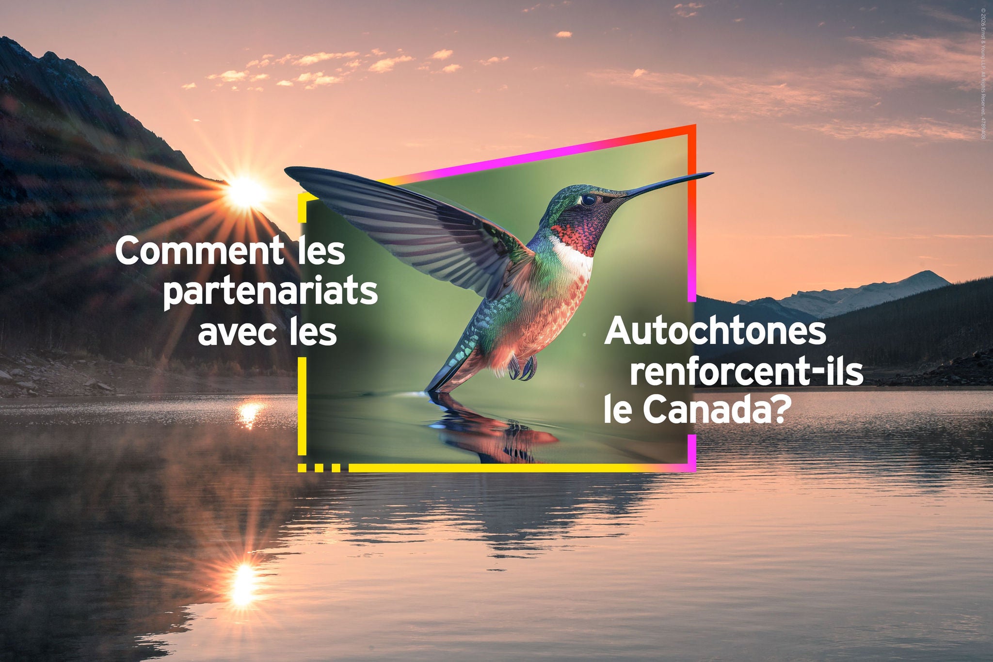 Colibri survolant un lac au coucher du soleil, avec des montagnes en arrière‑plan