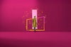 People moving threw portals in different shapes, in minimalistic studio setting in vivid colours